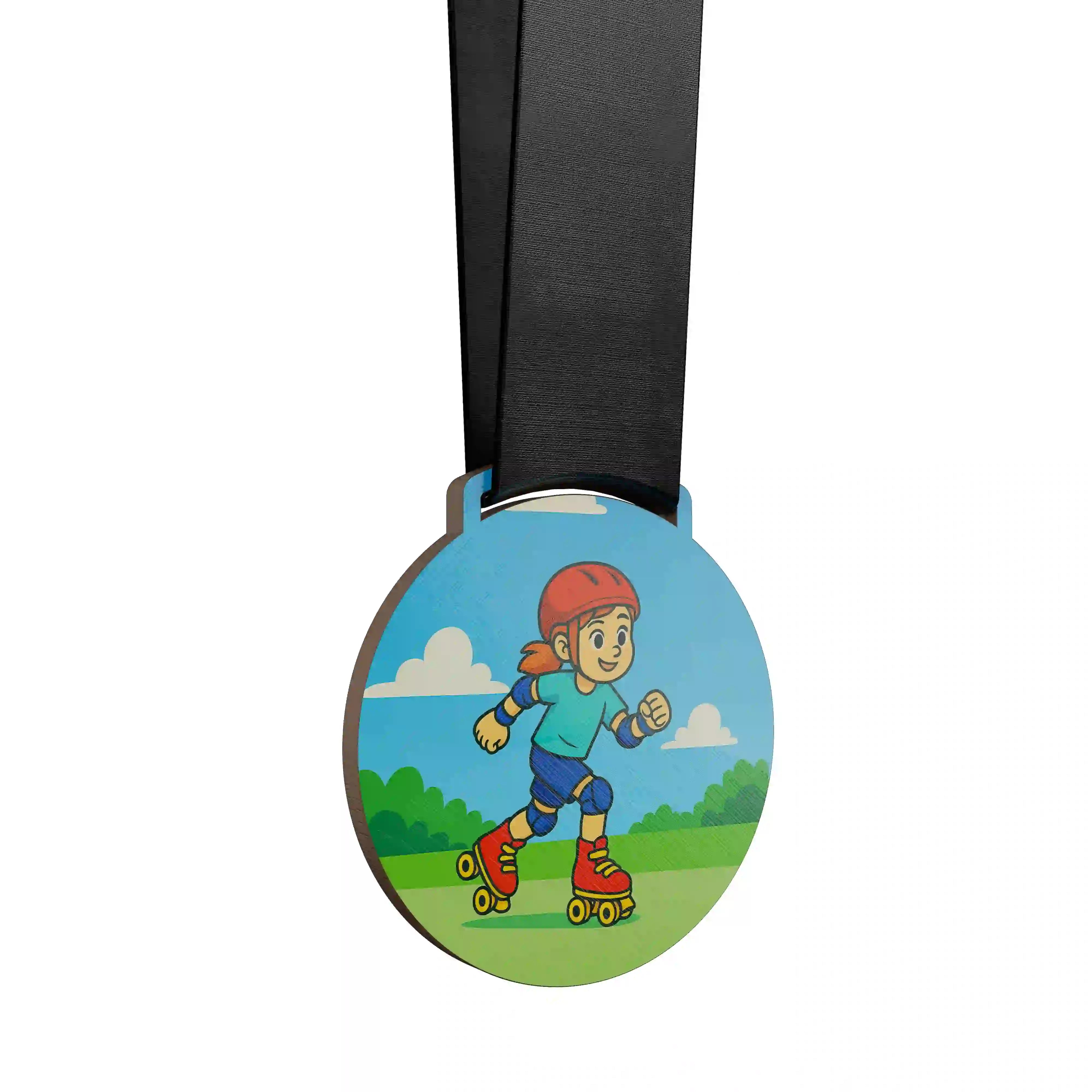 médaille en bois d'une jeune fille faisant du patin à roulette