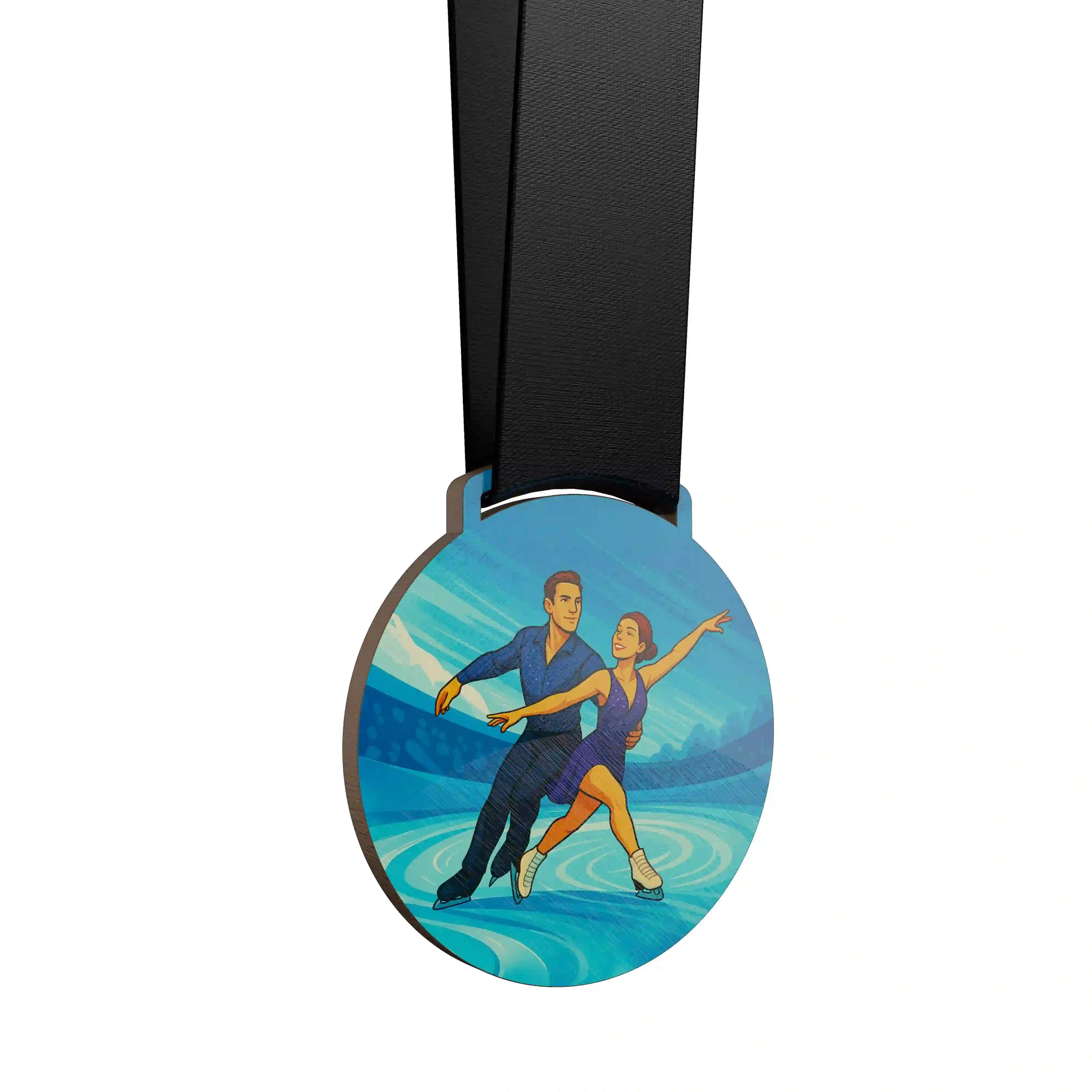 médaille en bois d'un duo mixte faisant du patinage artistique
