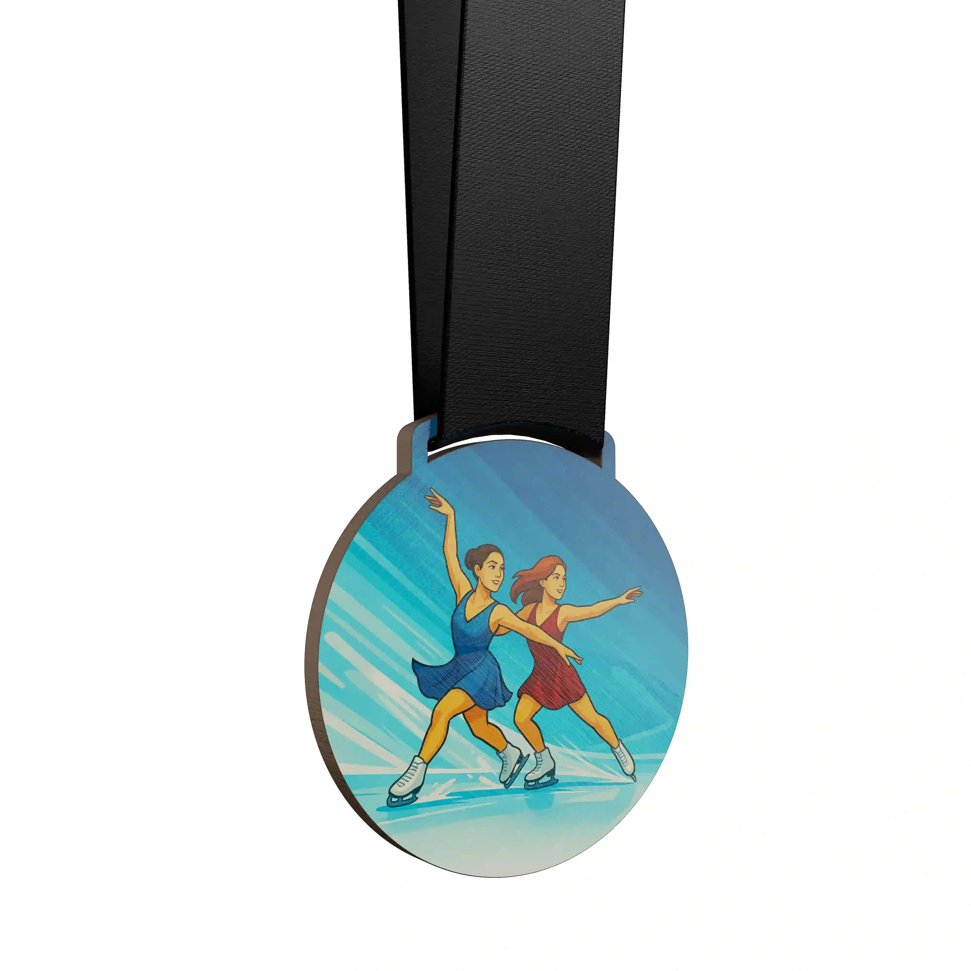 médaille en bois de deux femmes faisant du patinage artistique