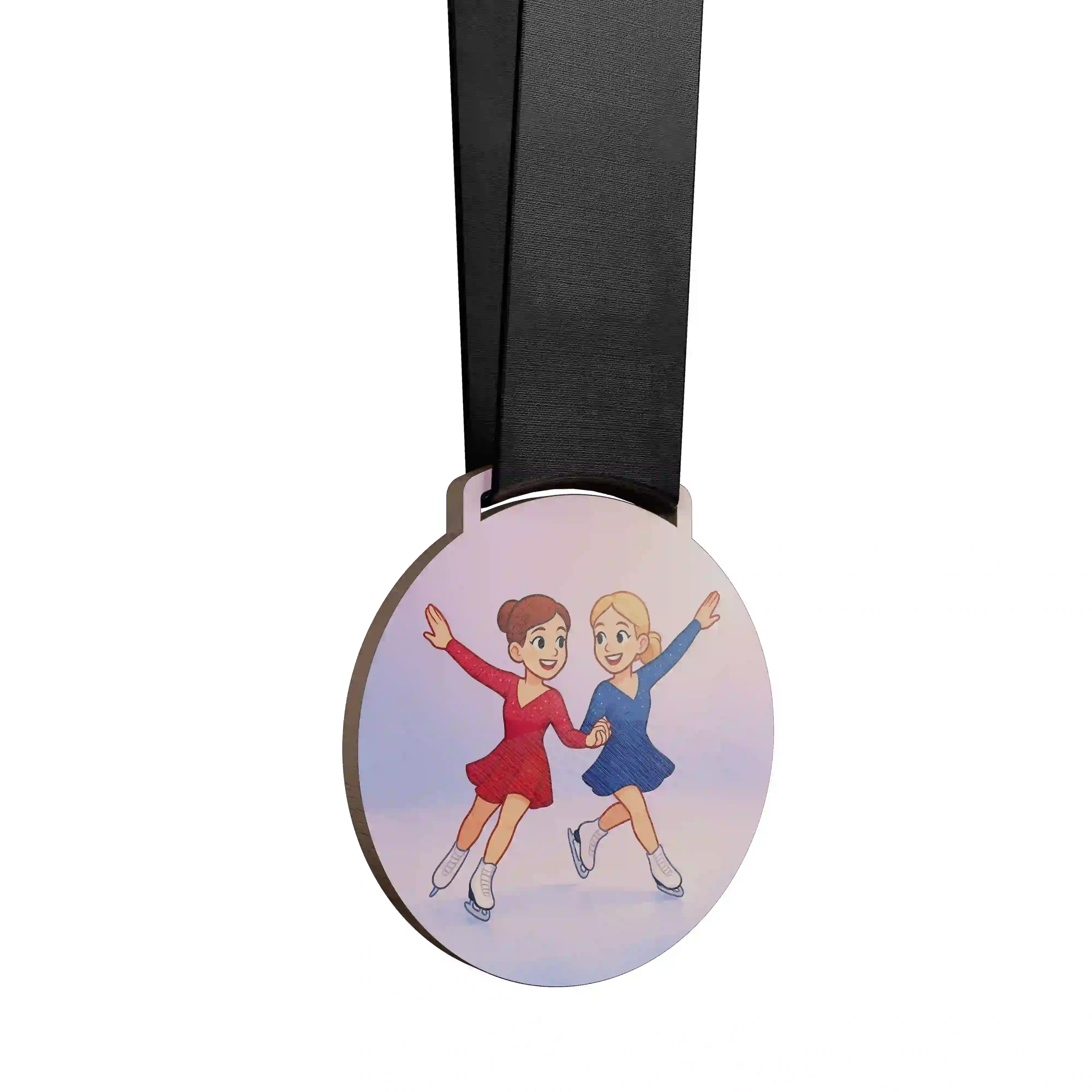 médaille en bois d'un duo de jeune fille faisant du patinage artistique