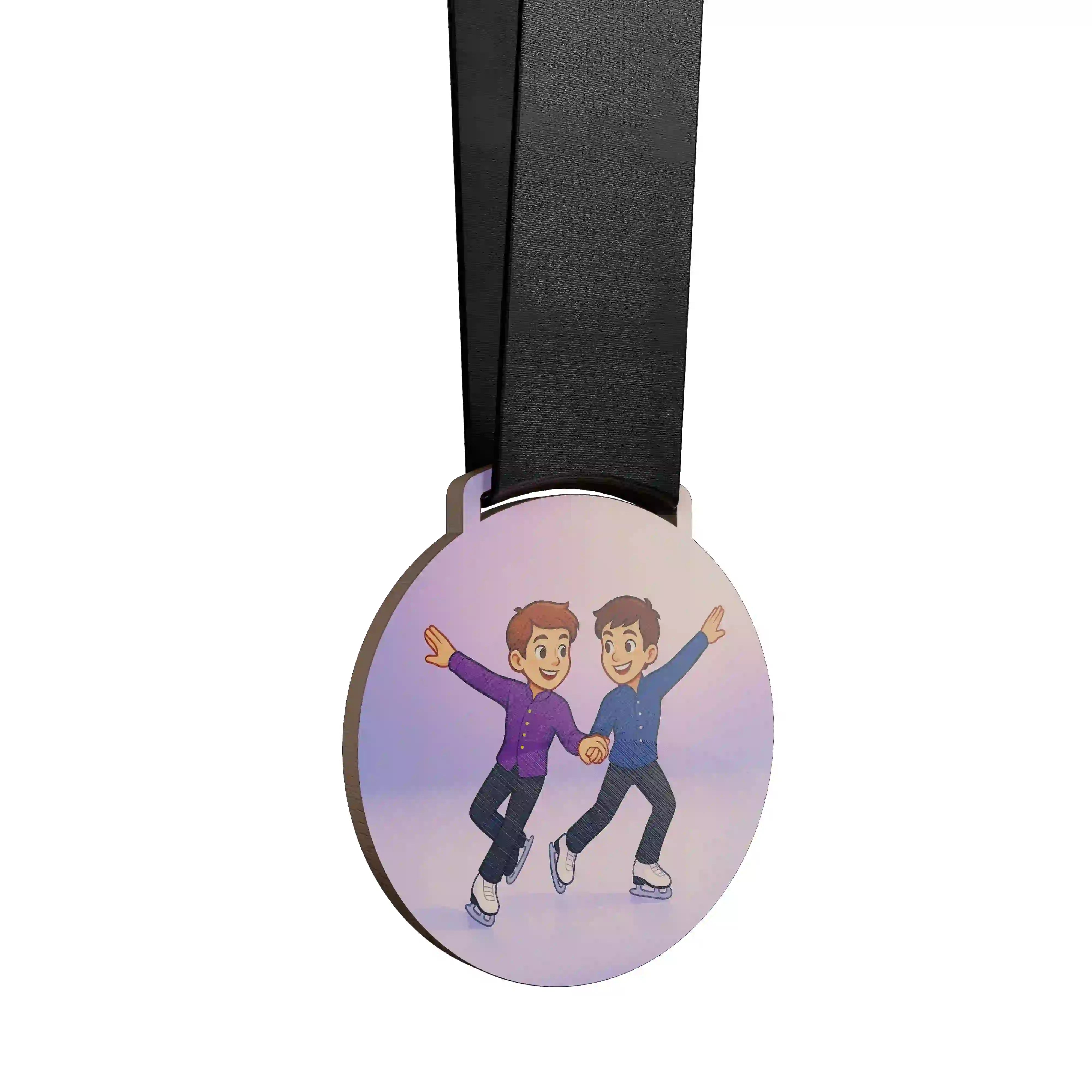 médaille en bois de deux garçons faisant du patinage artistique
