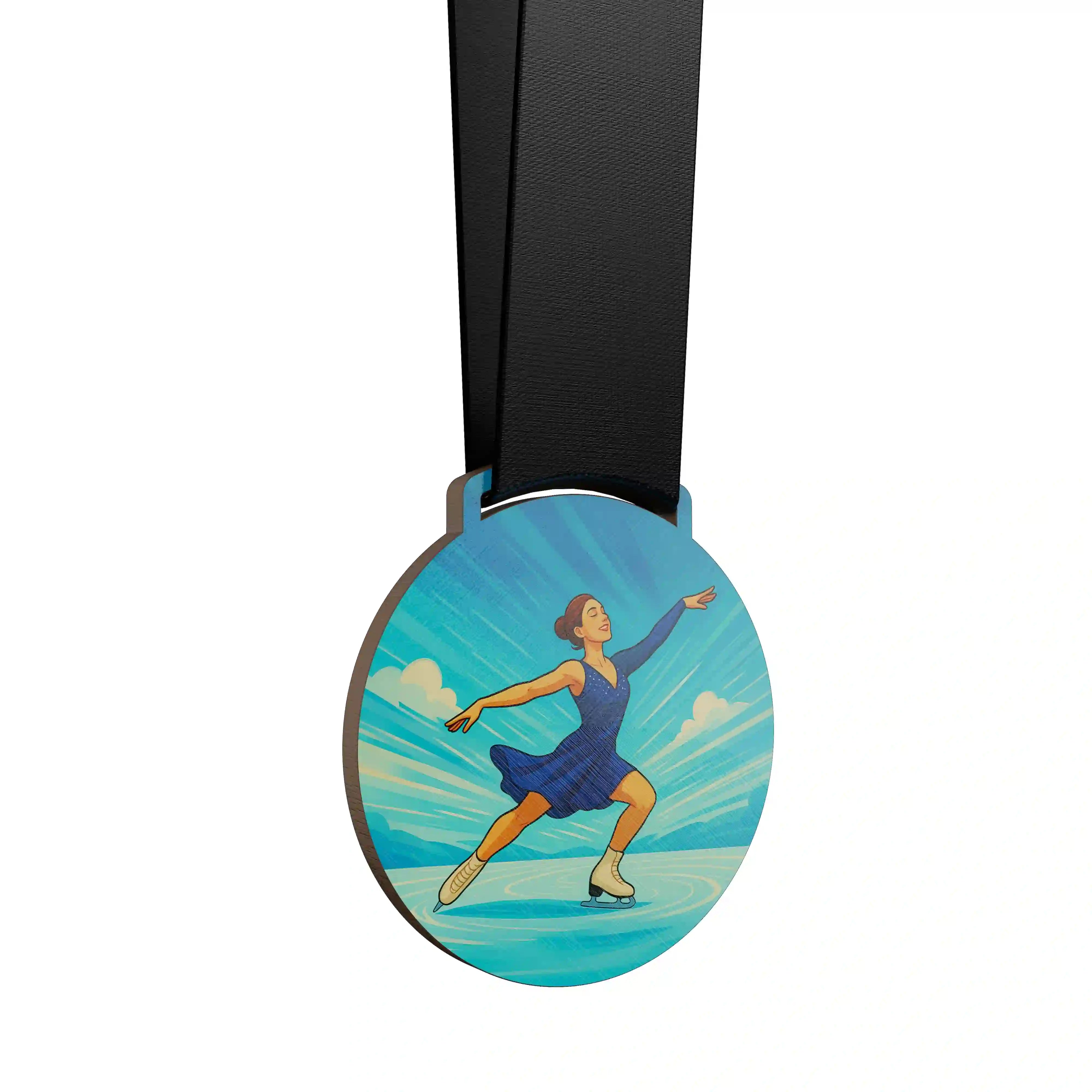 médaille en bois d'une femme faisant du patinage artistique