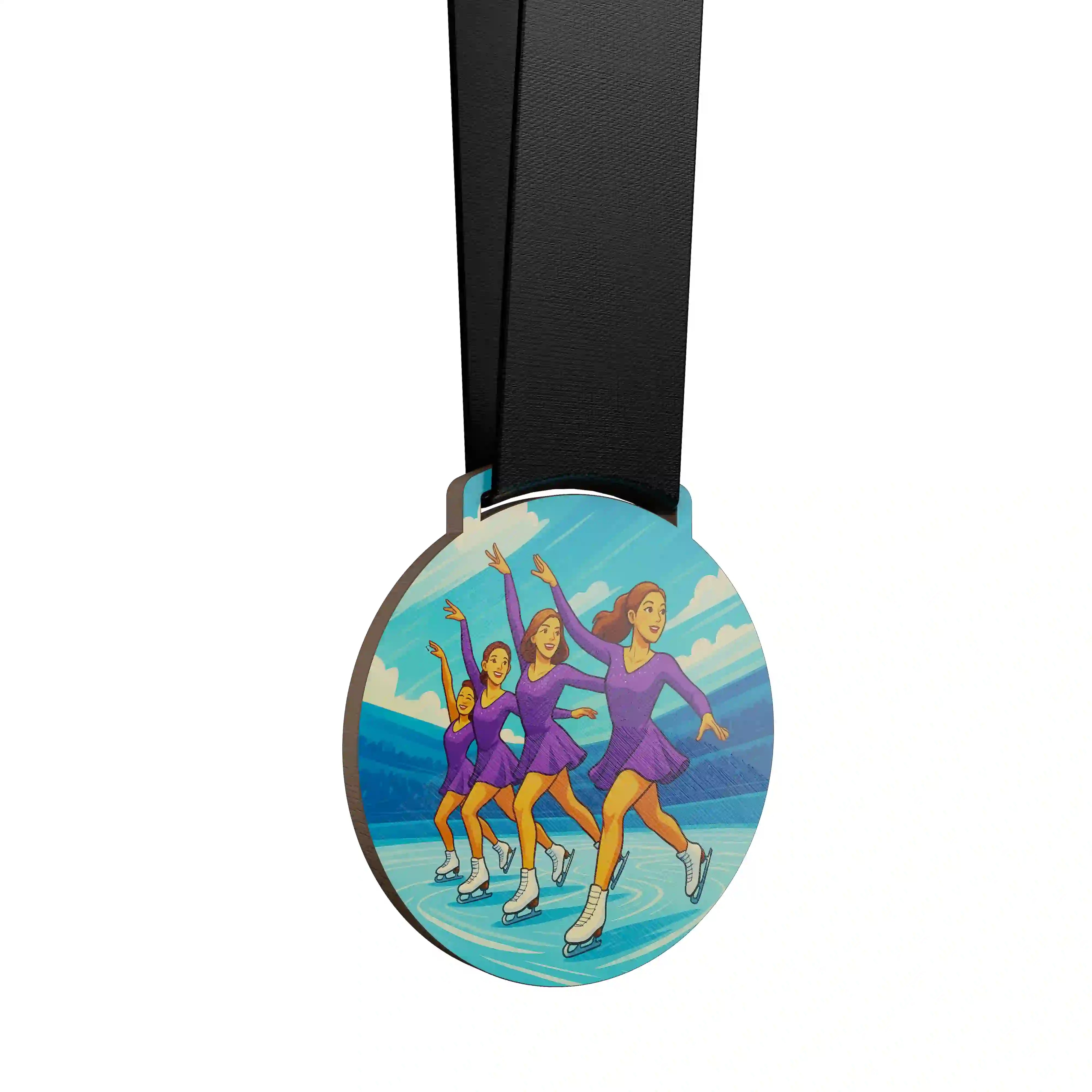 médaille en bois d'un groupe de femmes faisant du patinage artistique