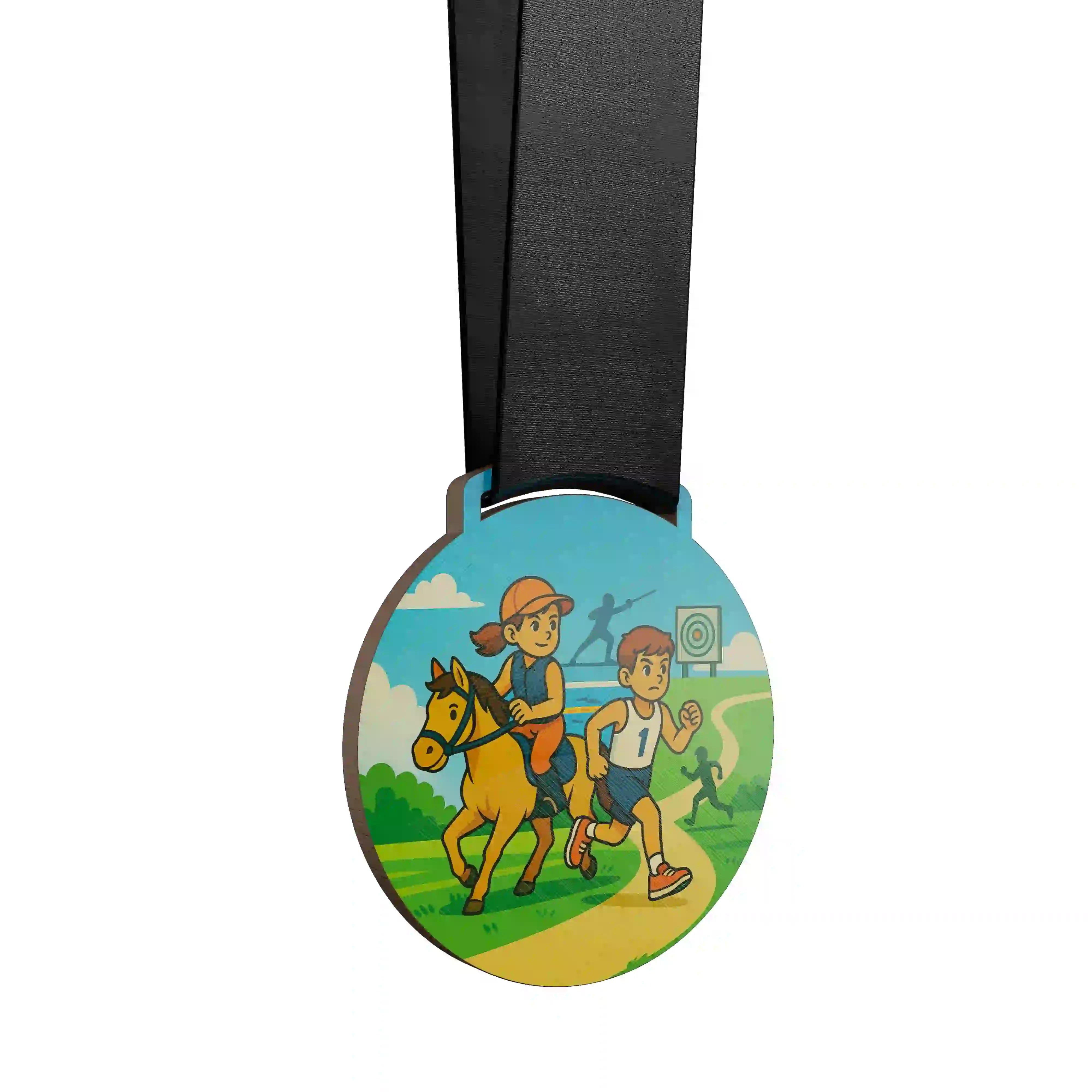 médaille en bois montrant deux enfants effectuer un penthalon moderne