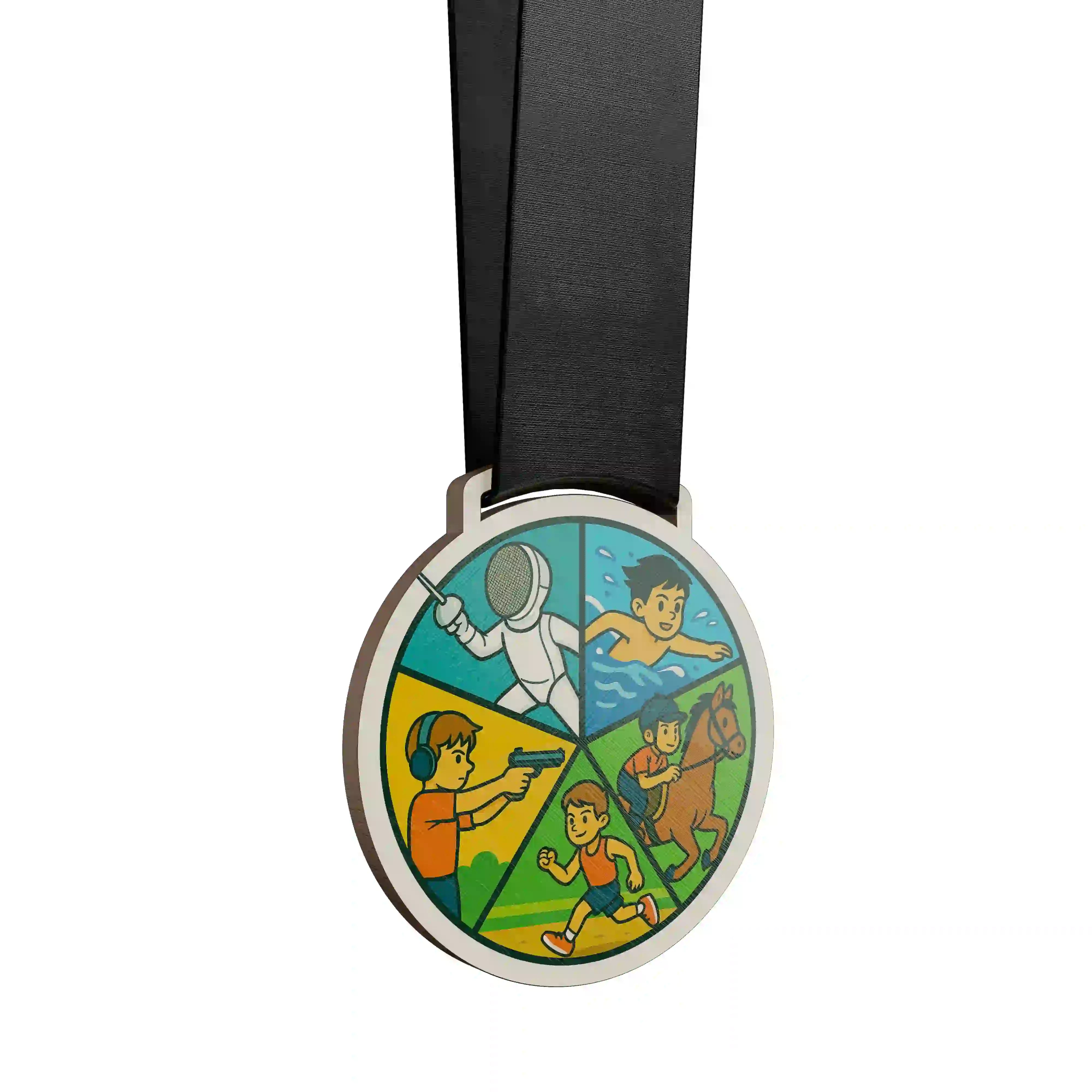 médaille en bois mettant en scÚne un garçon effectuant un penthalon moderne