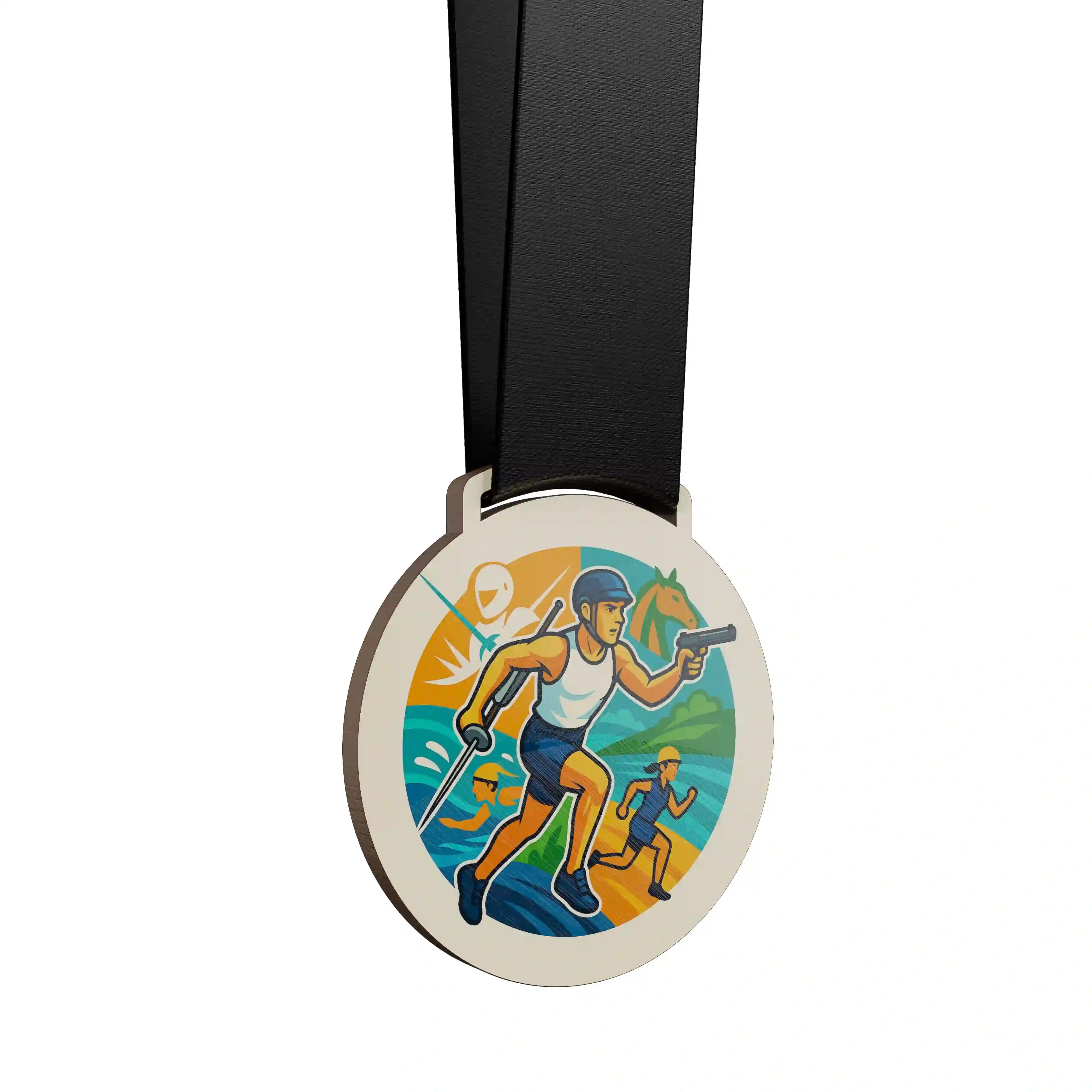 médaille en bois montrant un homme effectuer un penthalon moderne