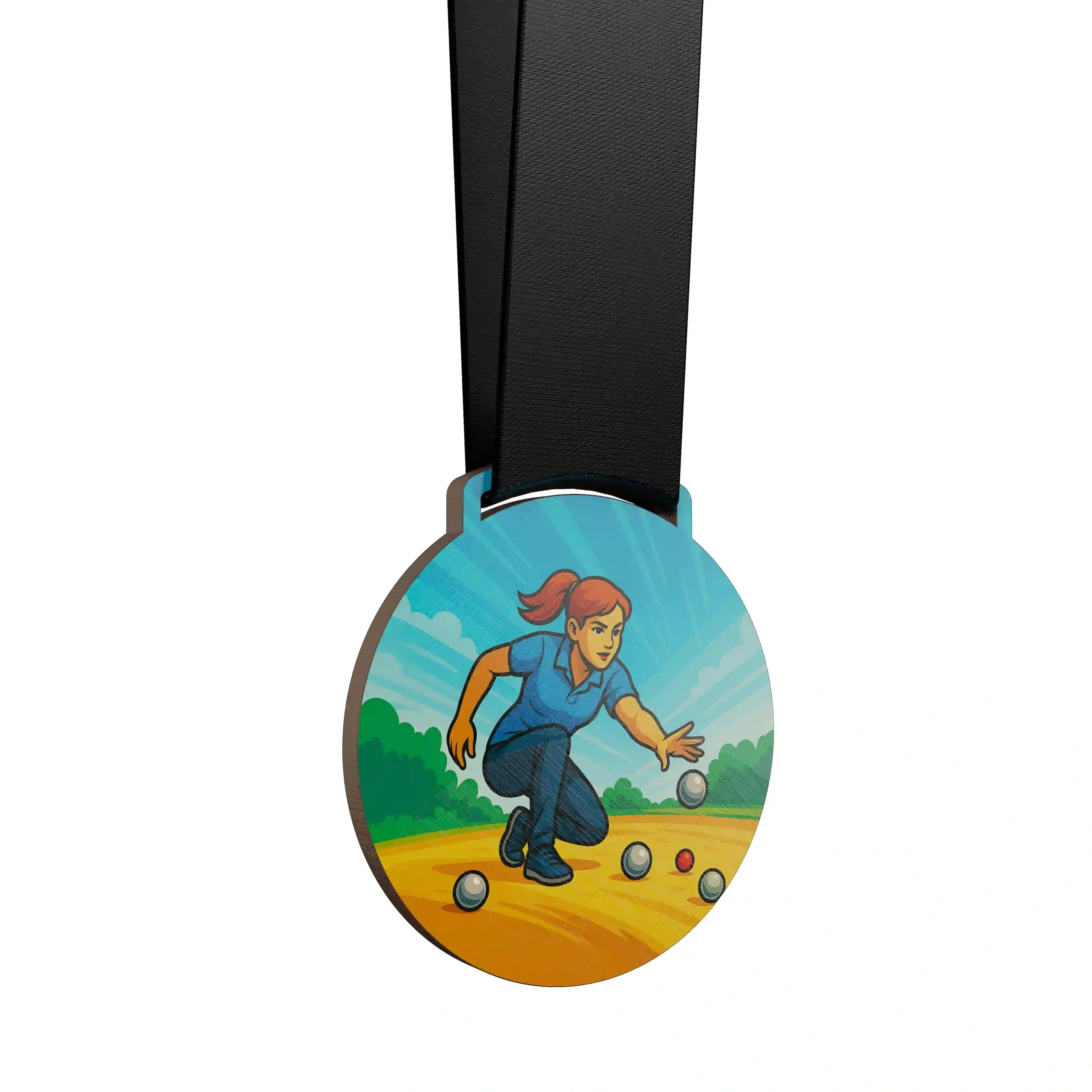 médaille en bois d'une femme faisant de la pétanque