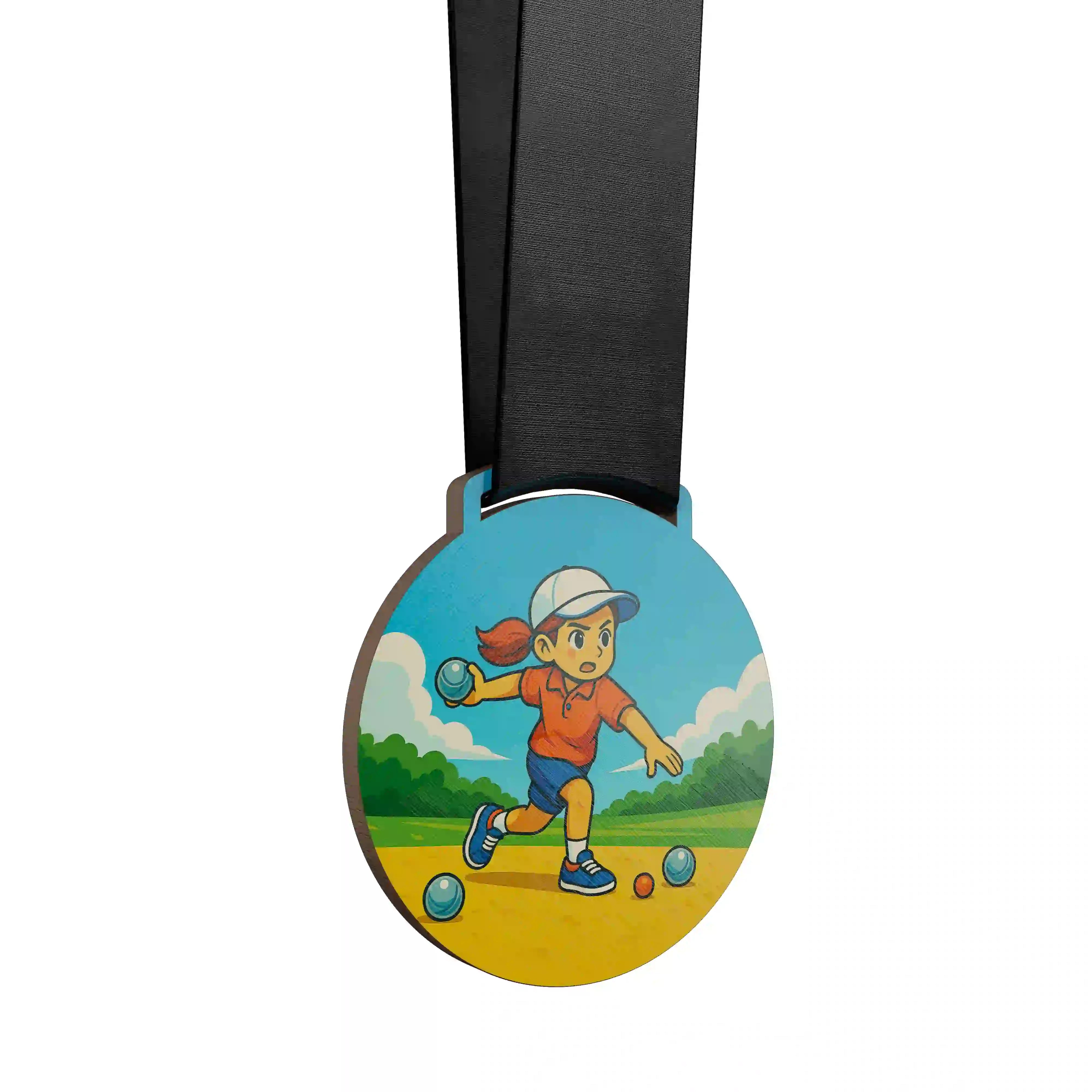 médaille en bois d'une jeune fille faisant de la pétanque