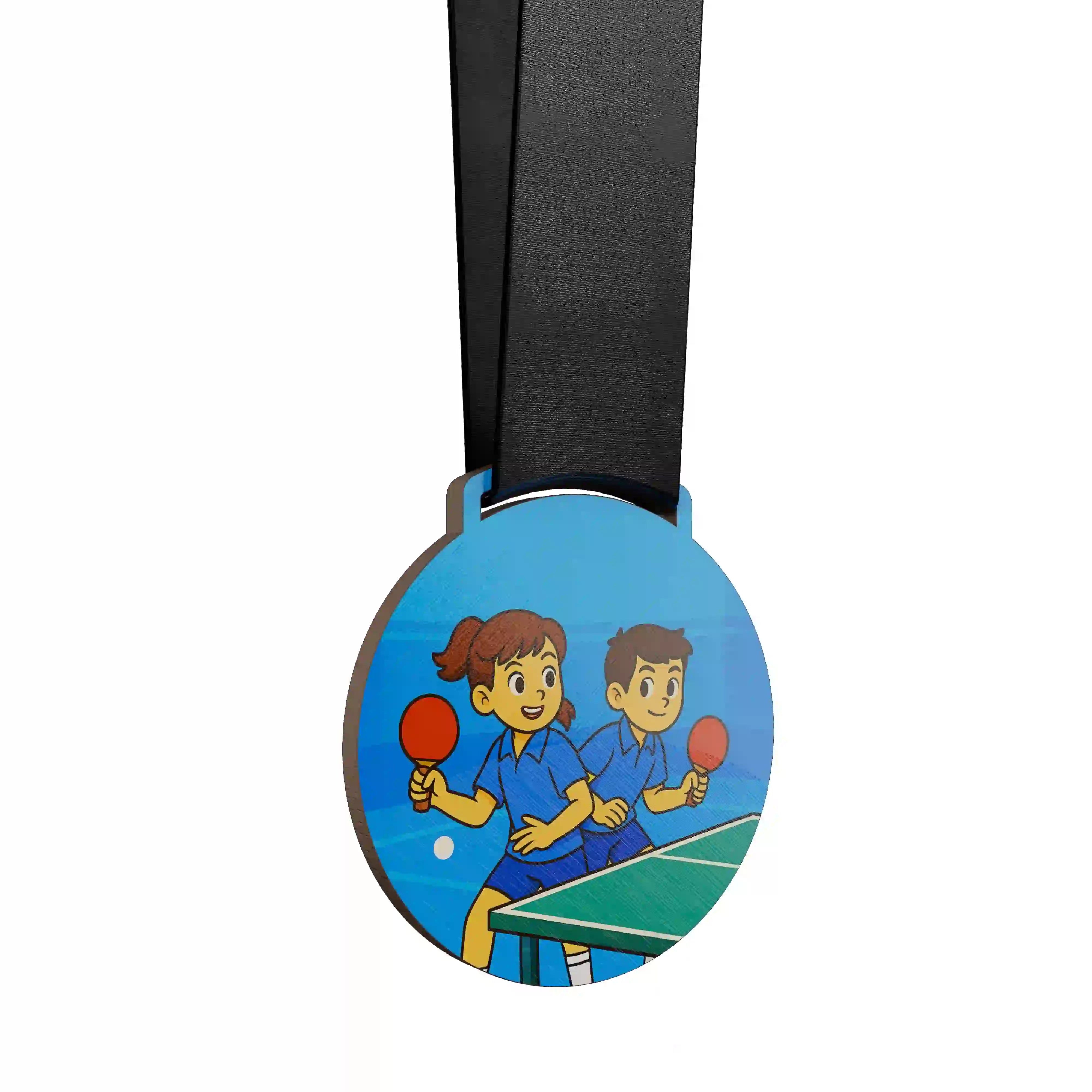 médaille en bois de deux enfants jouant au ping pong