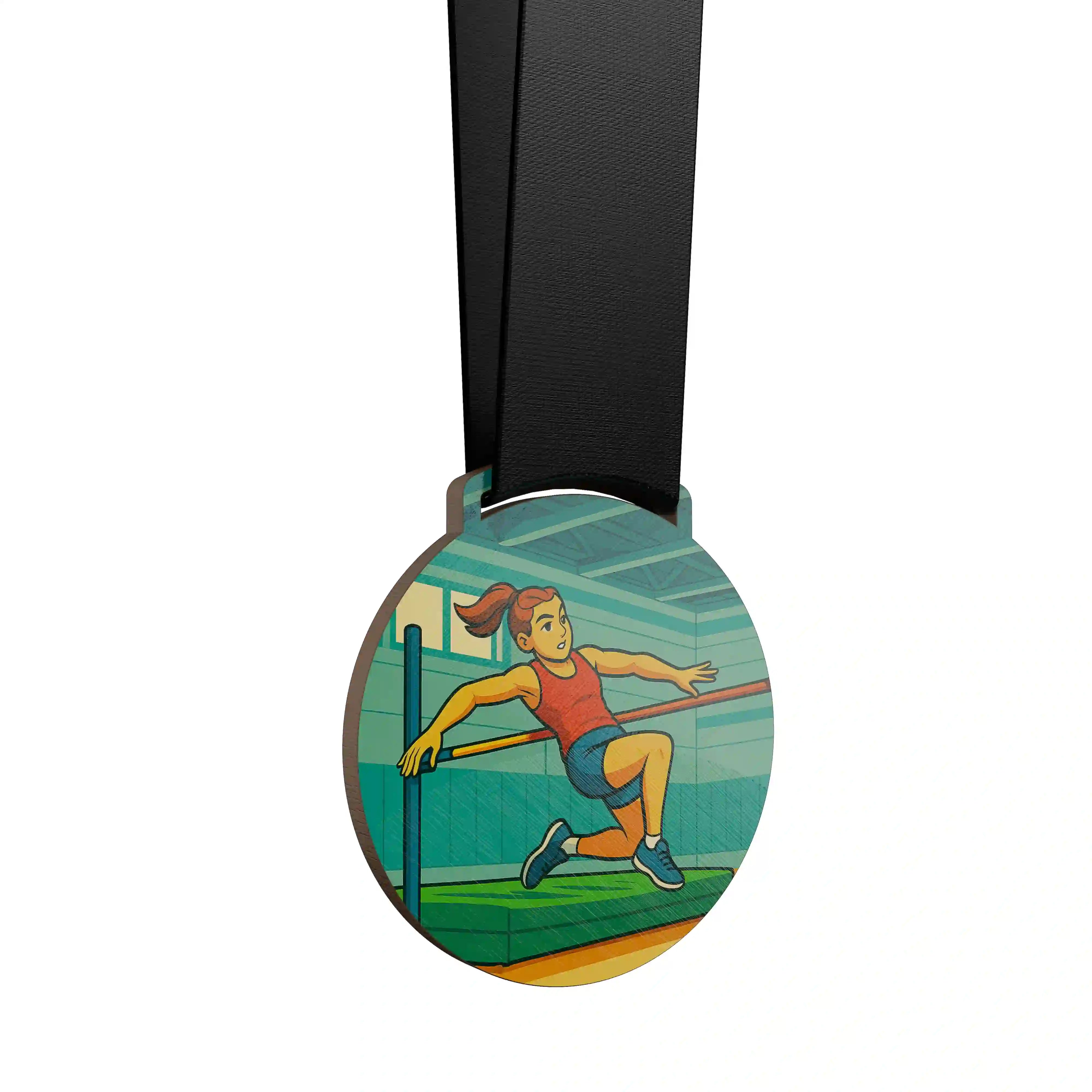 médaille en bois d'une femme faisant du saut en hauteur