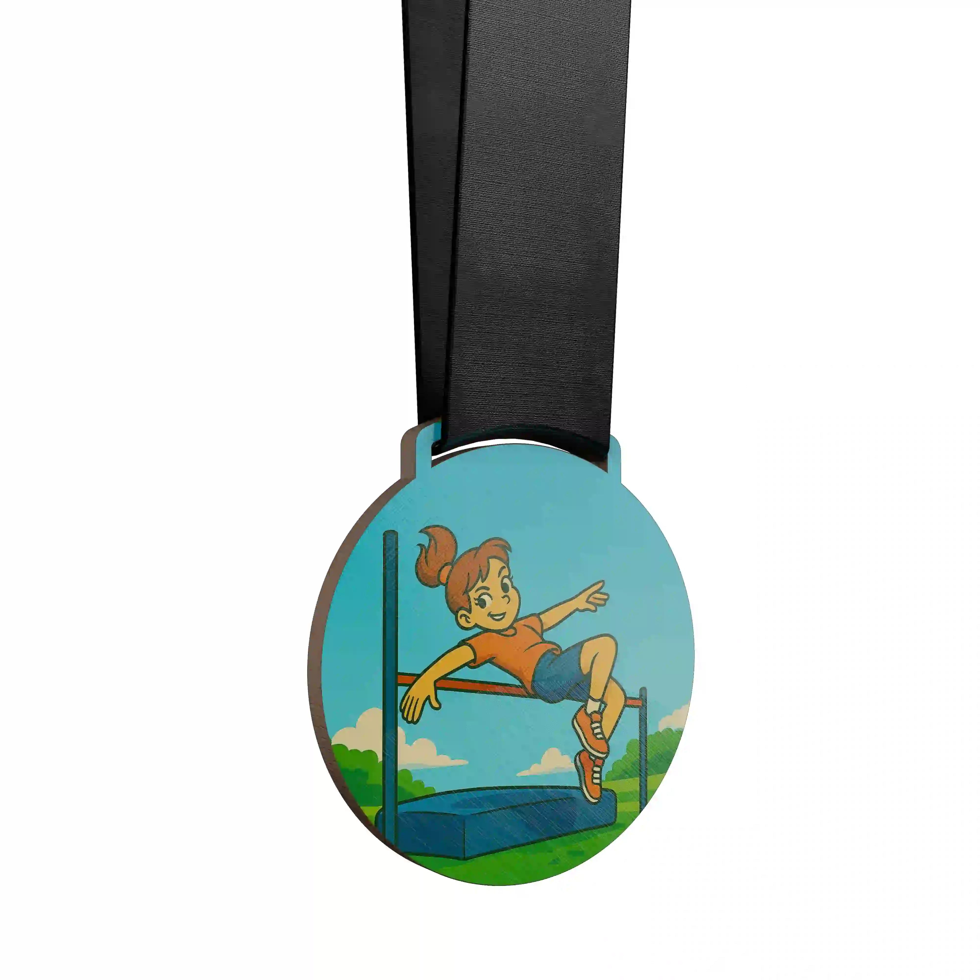 médaille en bois d'une jeune fille faisant du saut en hauteur
