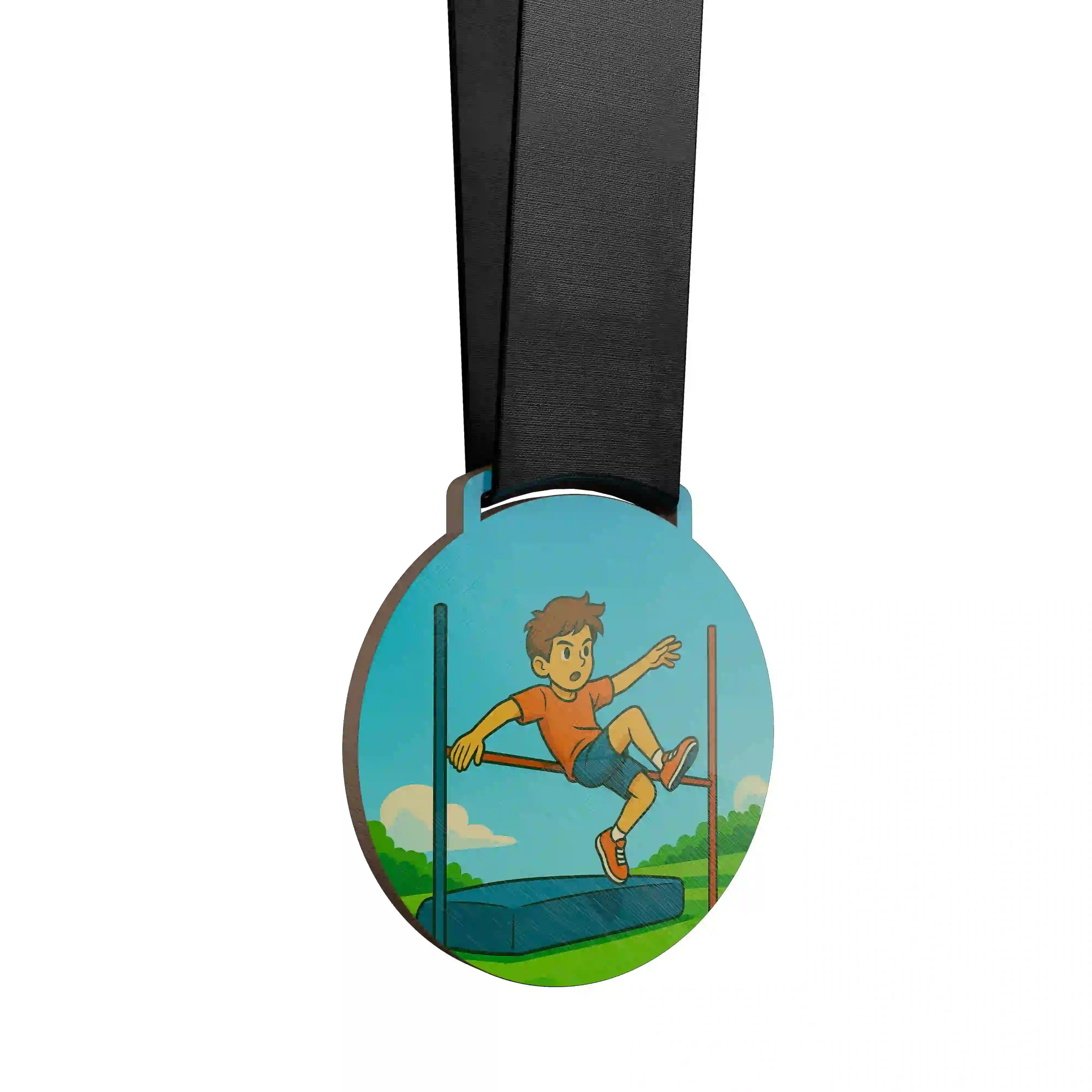 médaille en bois d'un garçon faisant du saut en hauteur