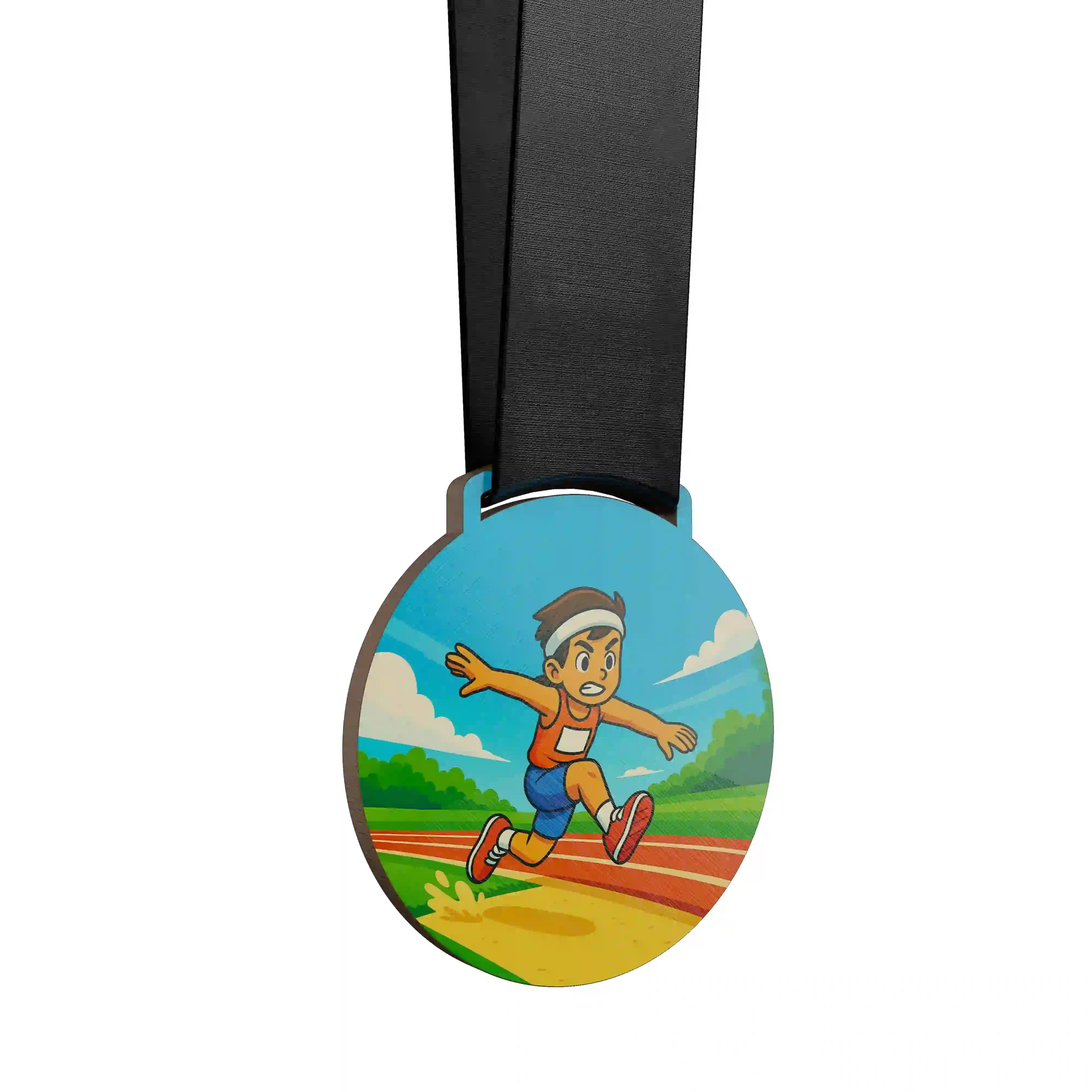 médaille en bois d'un garçon faisant du saut en longueur