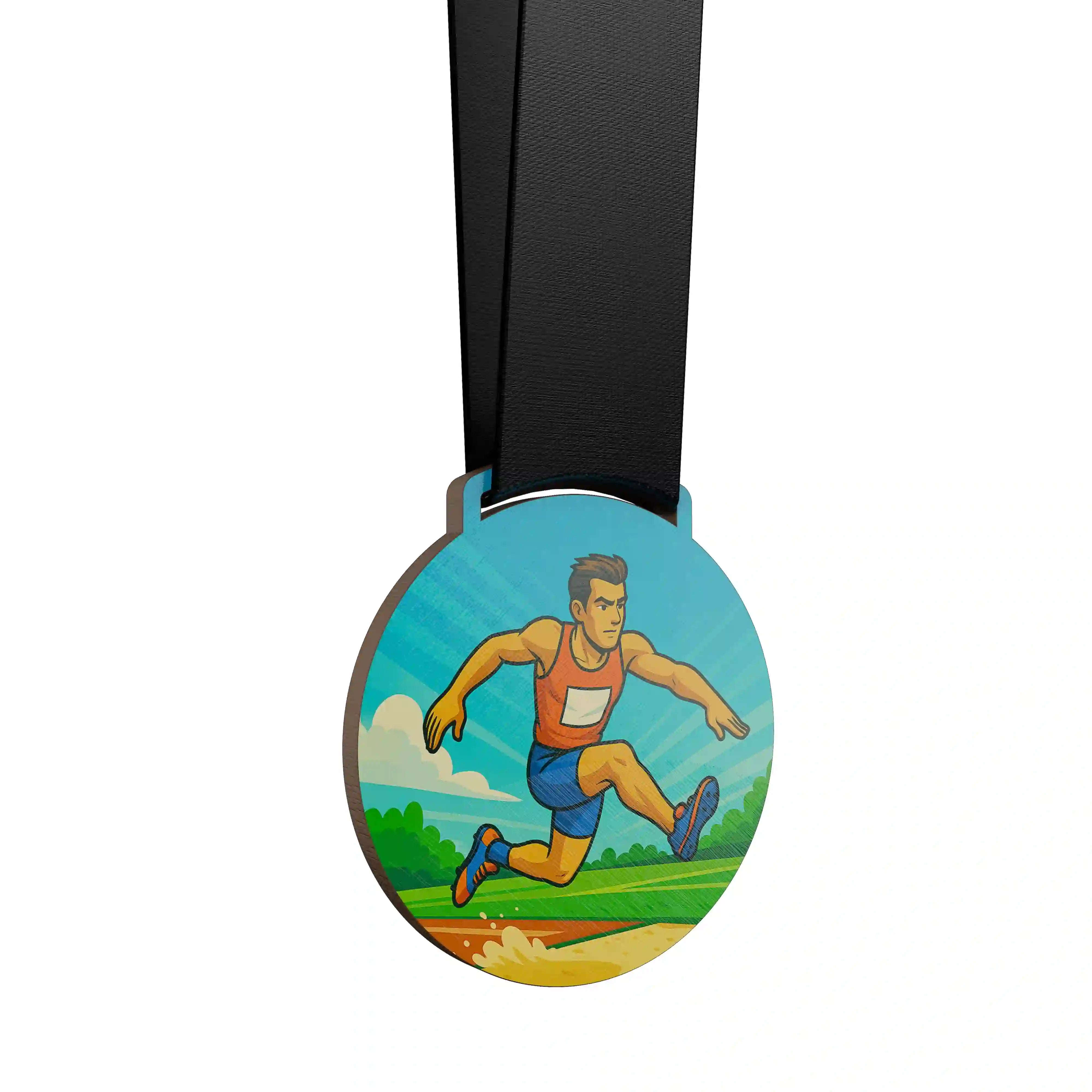 médaille en bois d'une homme faisant du saut en longueur