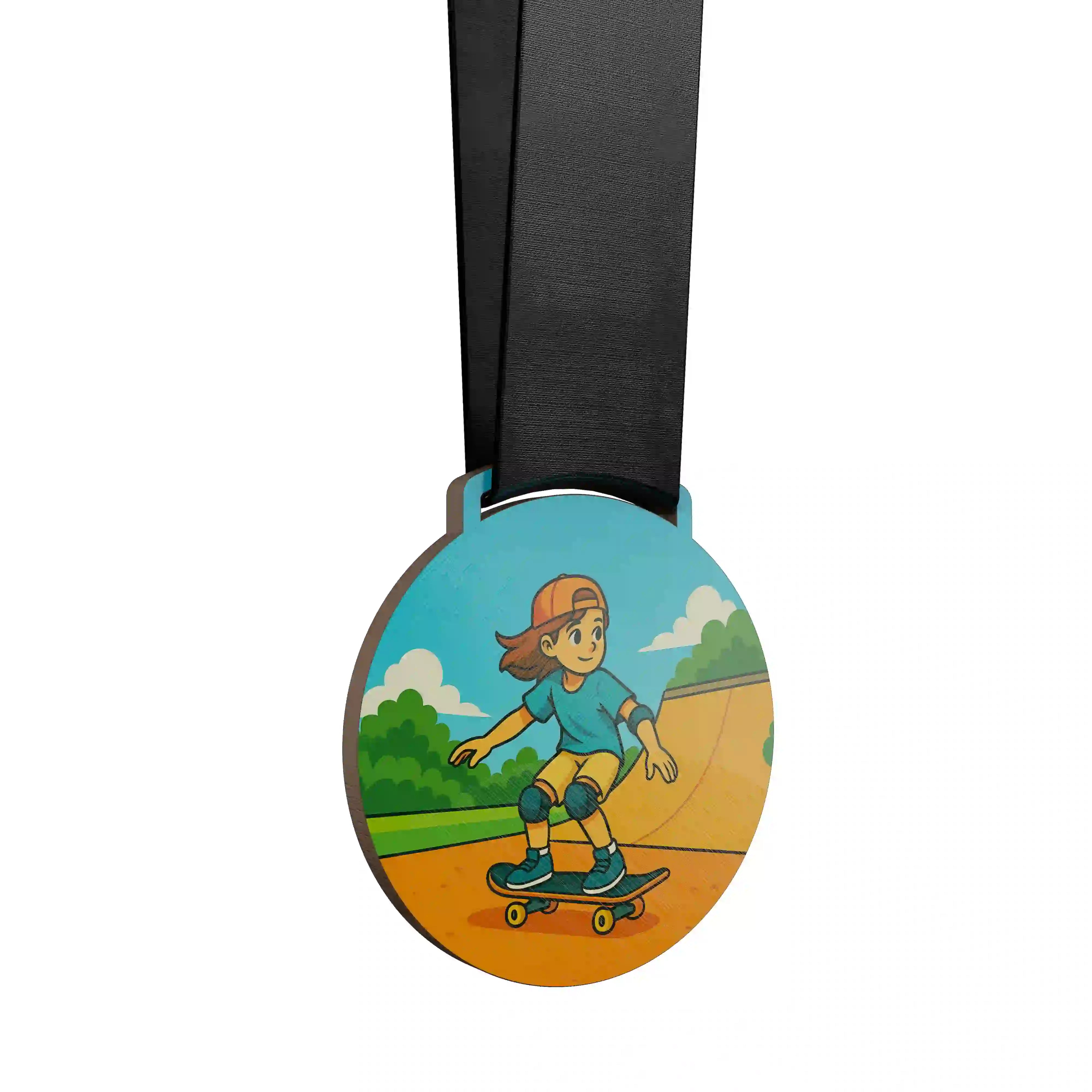 médaille en bois d'une enfant faisant du skate
