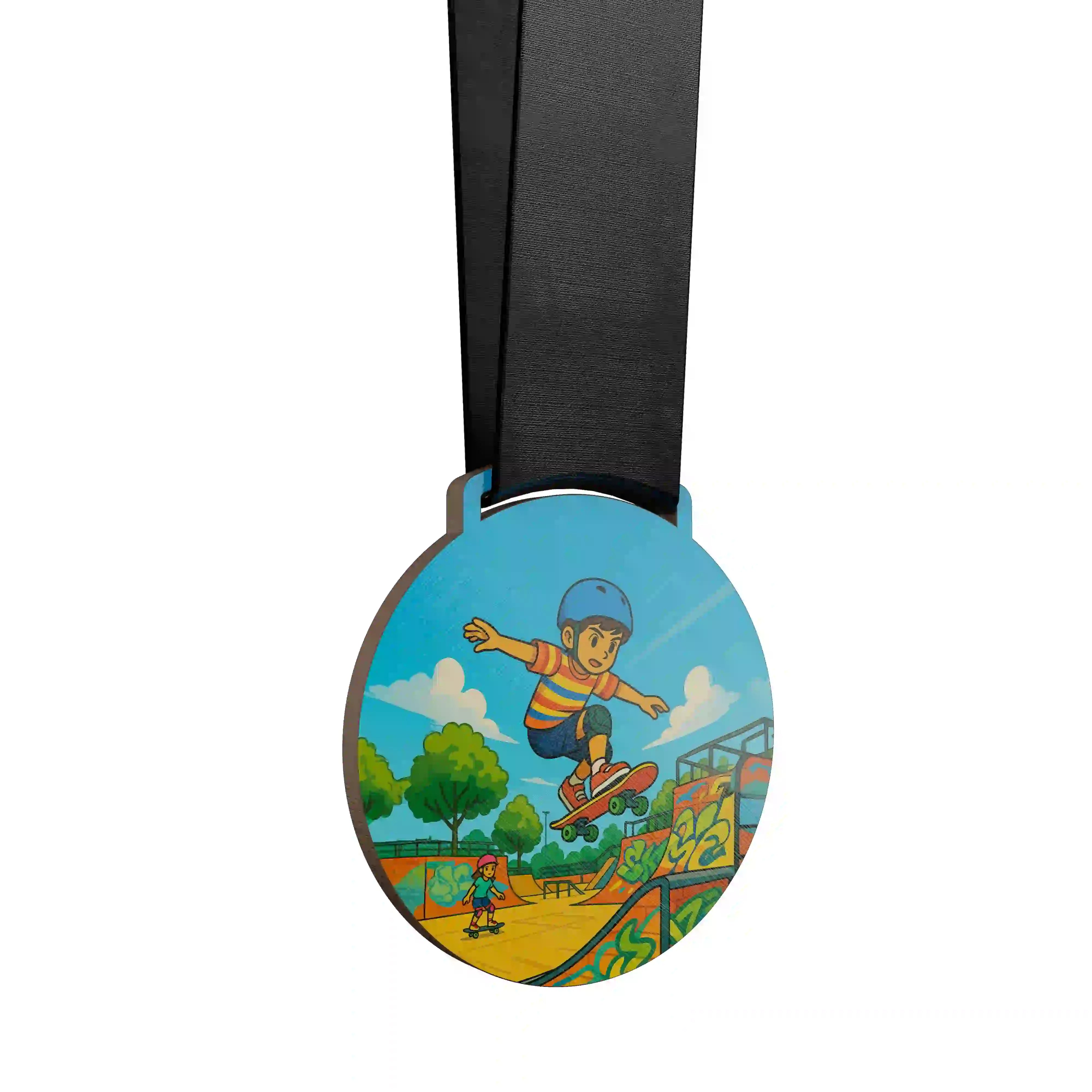 médaille en bois d'un garçon faisant du skate avec une fille qui le regarde