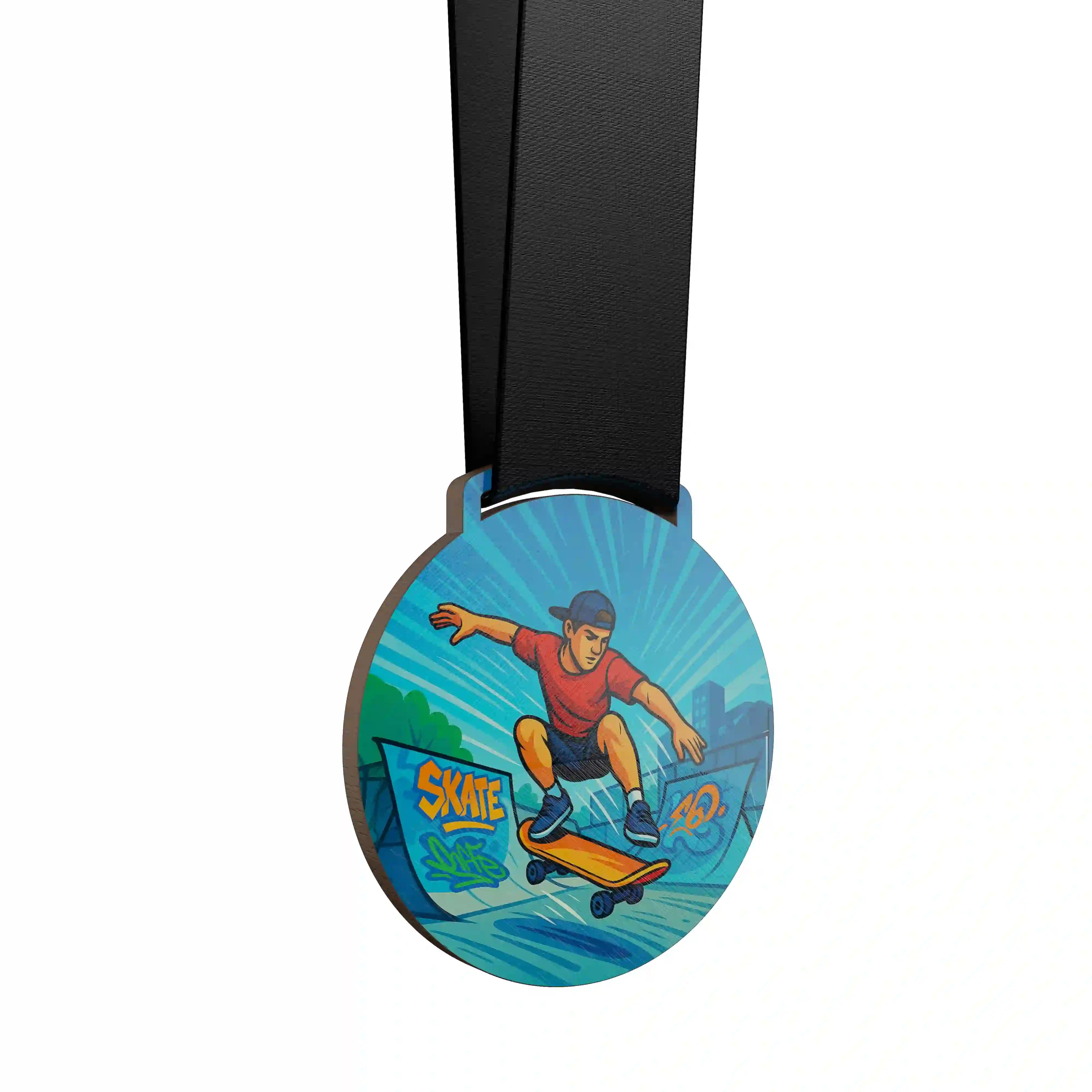 médaille en bois d'un homme faisant du skate