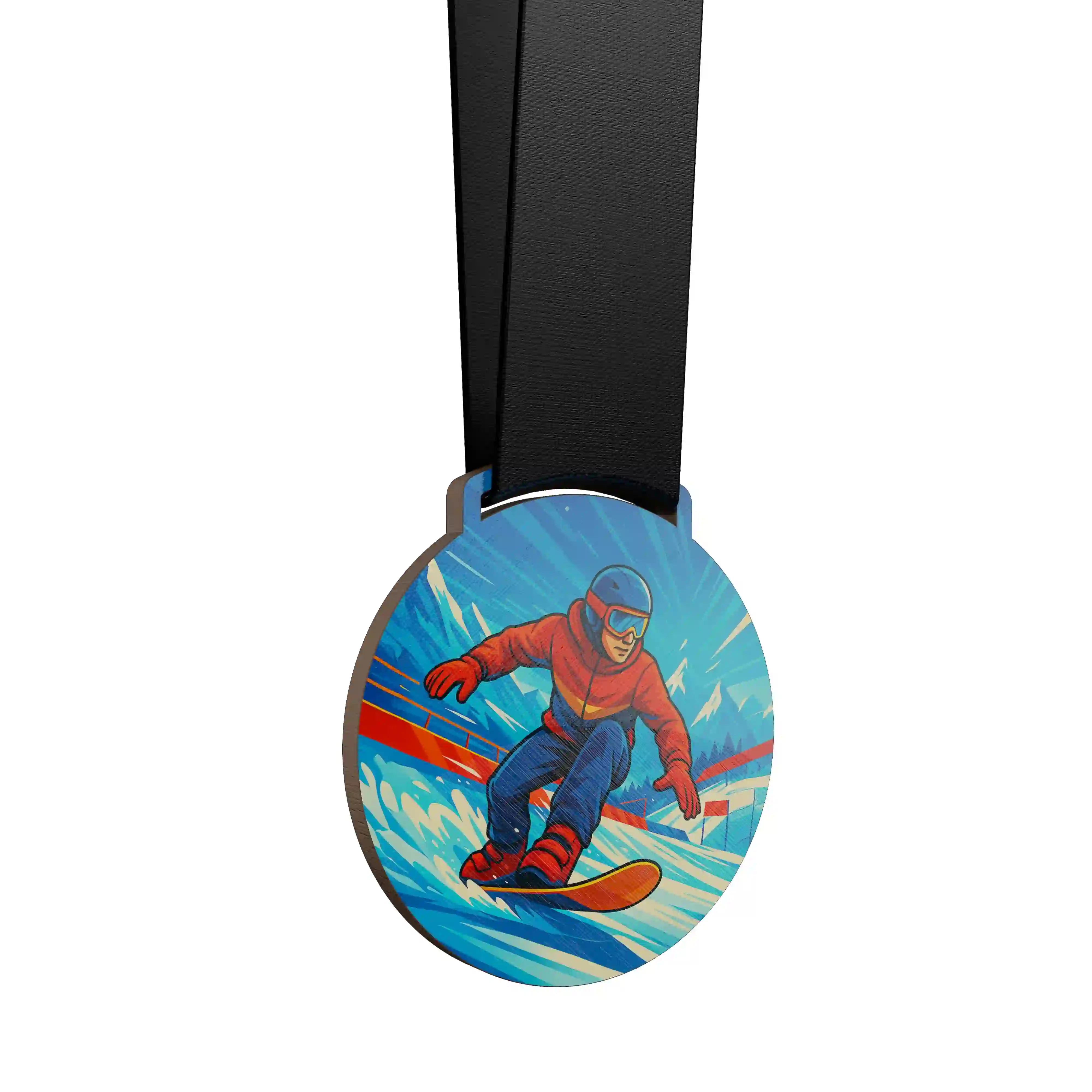 médaille en bois d'un homme faisant du snowboard cross