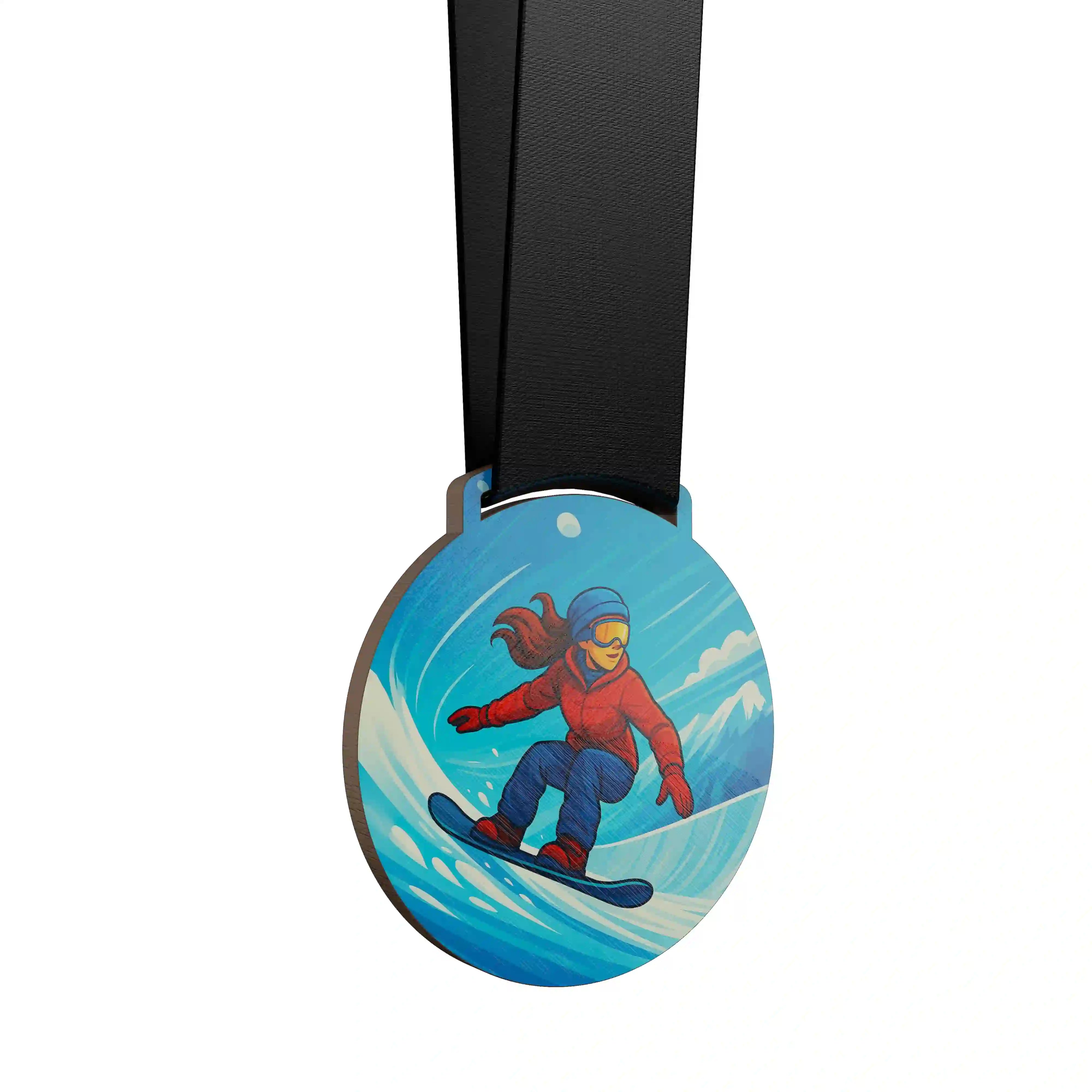 médaille en bois d'une femme faisant du snowboard halfpipe
