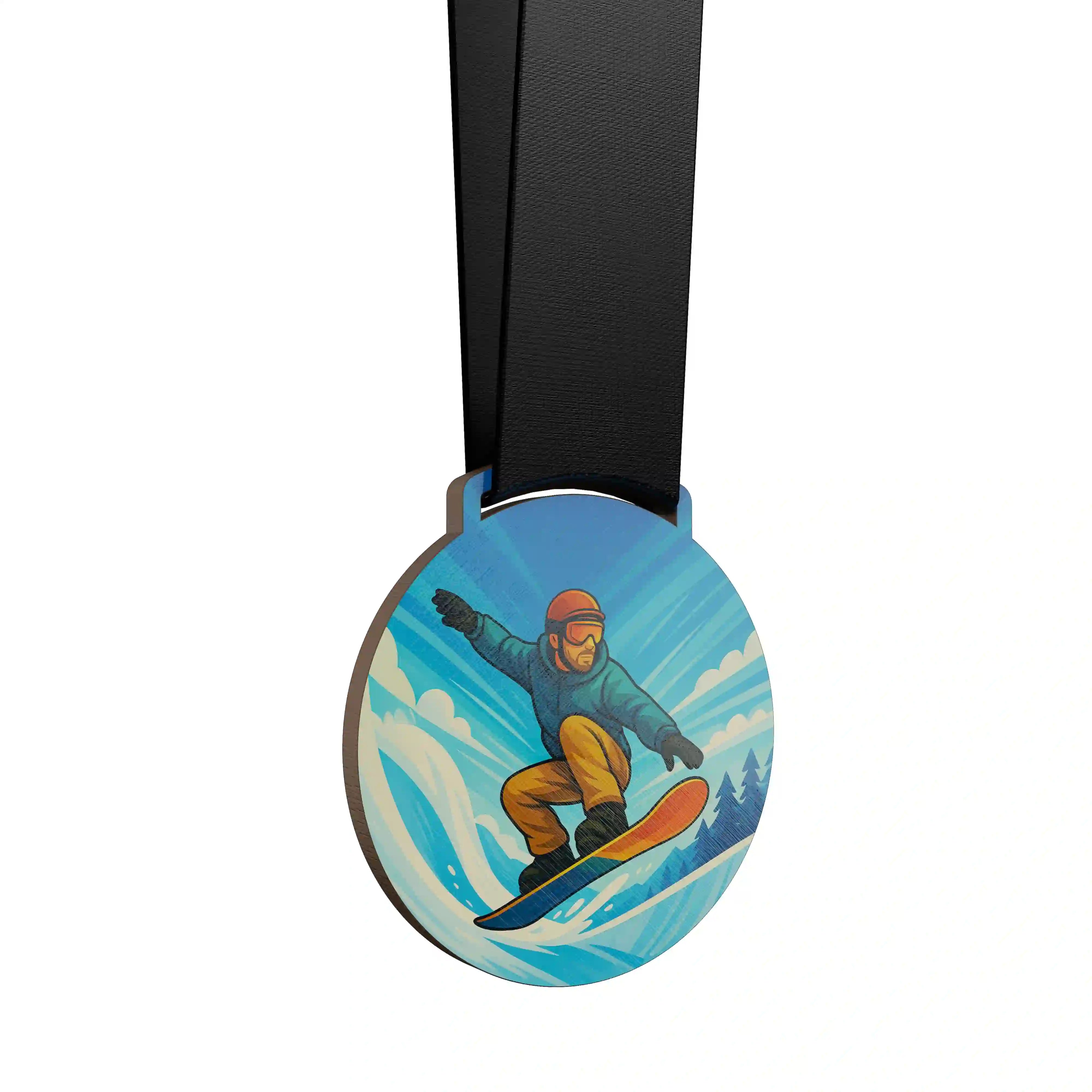 médaille en bois d'un homme faisant du snowboard halfpipe