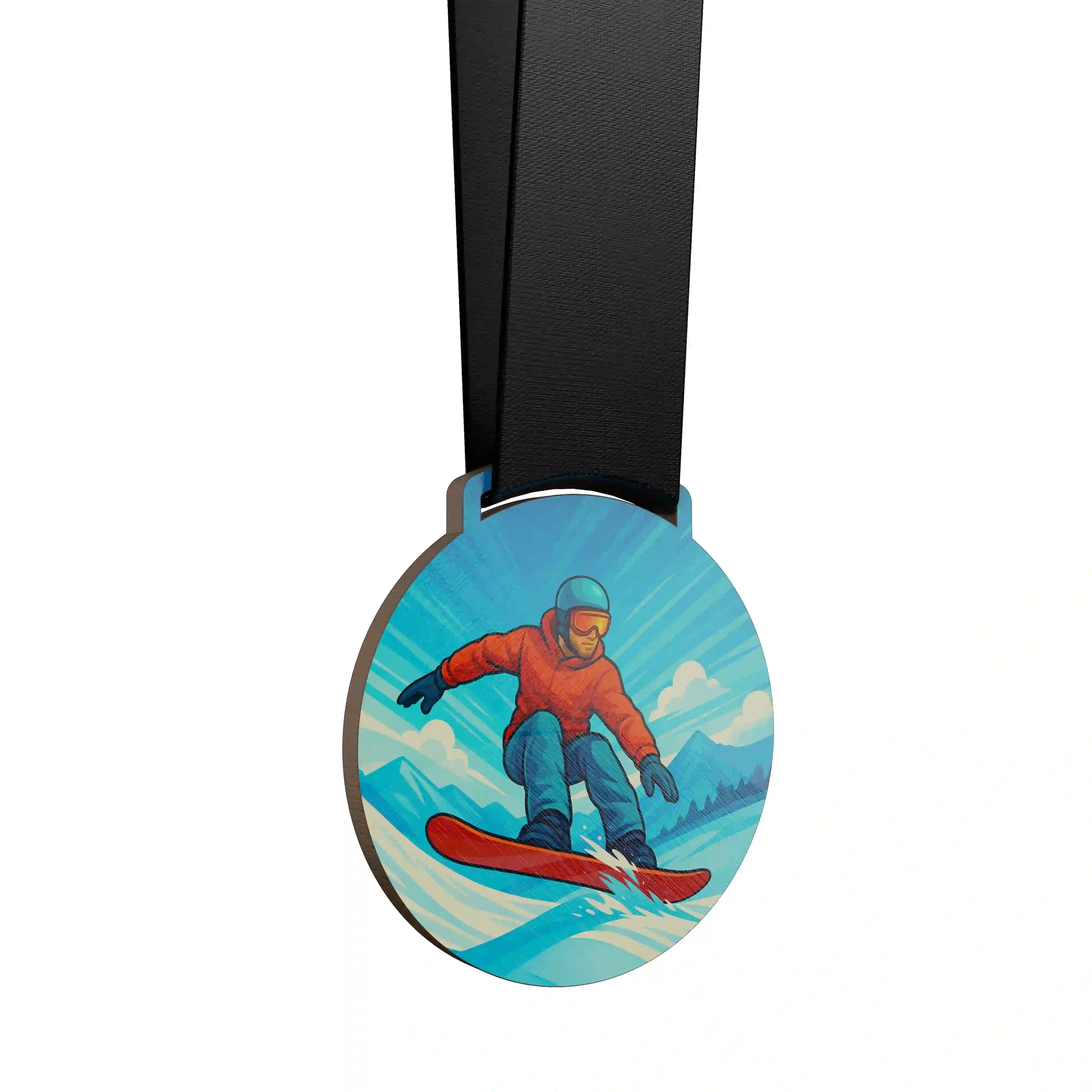 médaille en bois d'un homme faisant du snowboard slopestyle