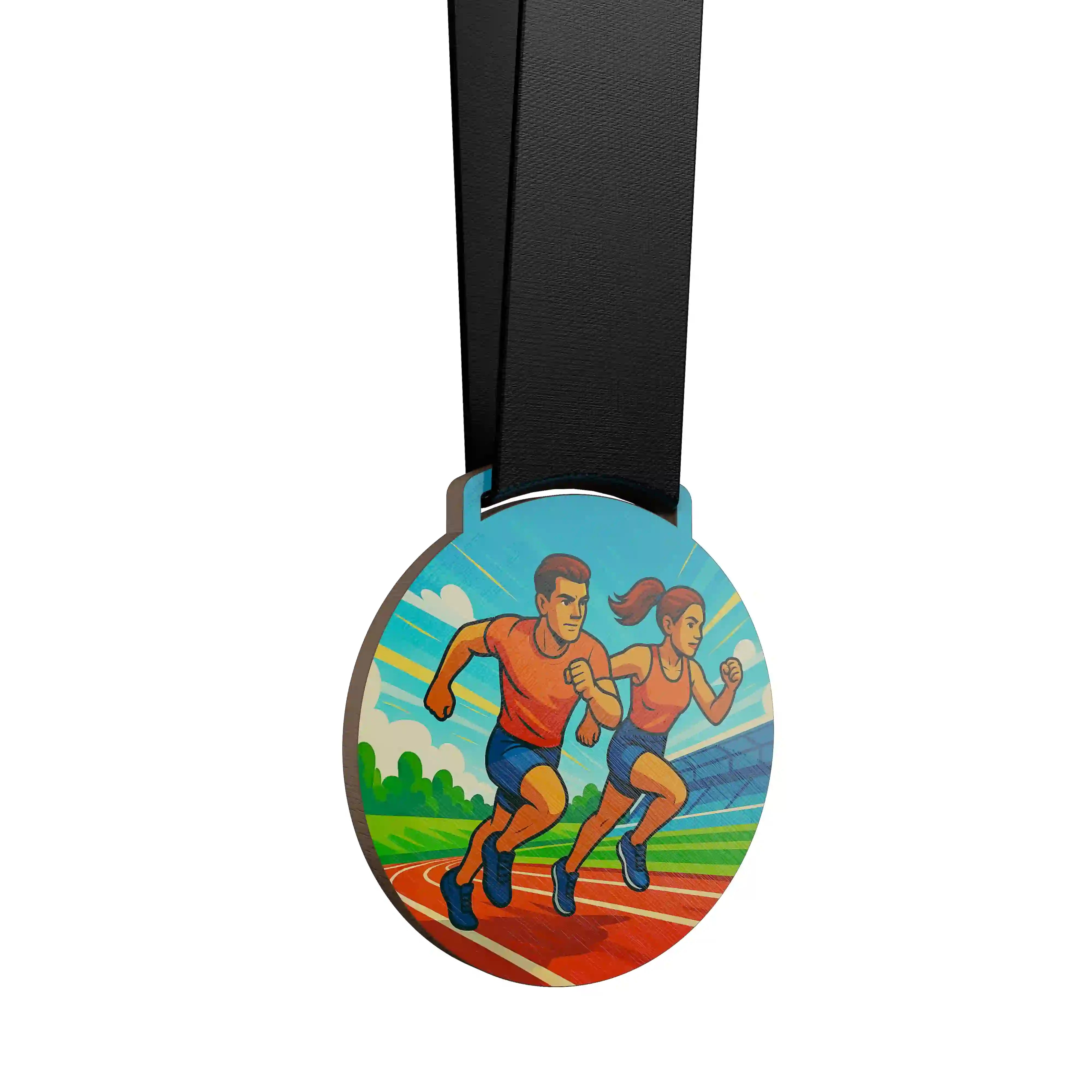 médaille en bois de deux adultes qui font du sprint