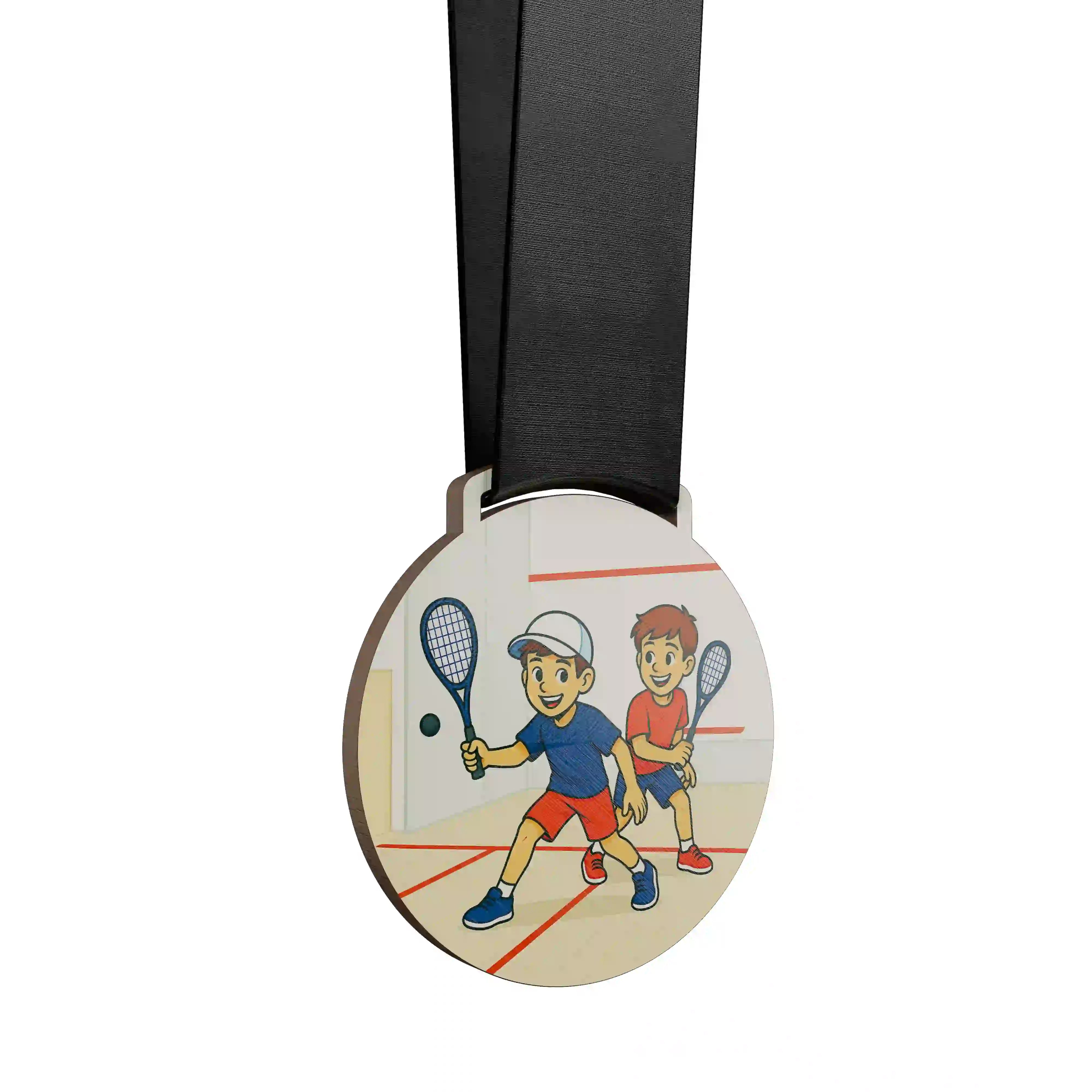 médaille en bois de deux jeunes garçons faisant du squash