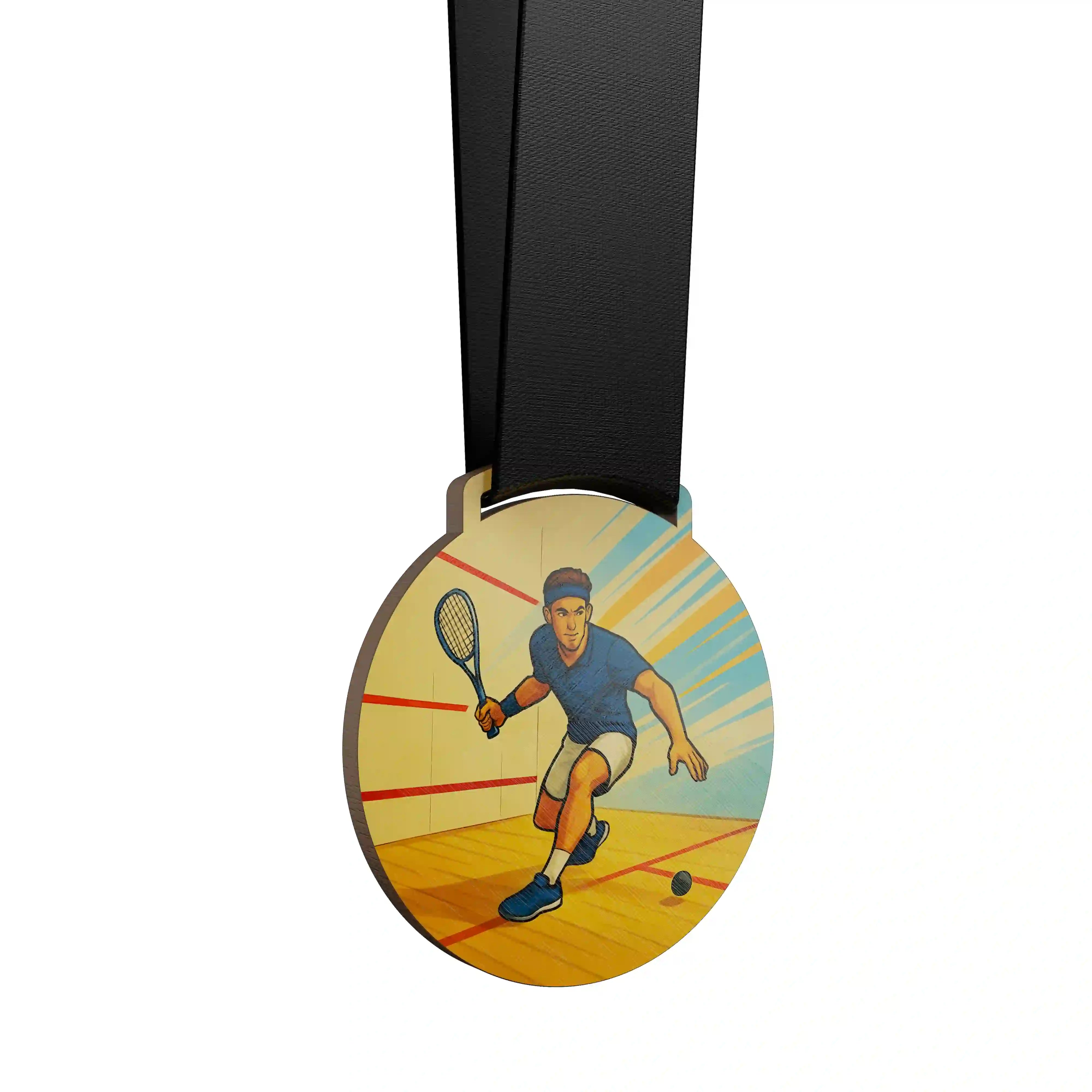 médaille en bois d'un homme faisant du squash
