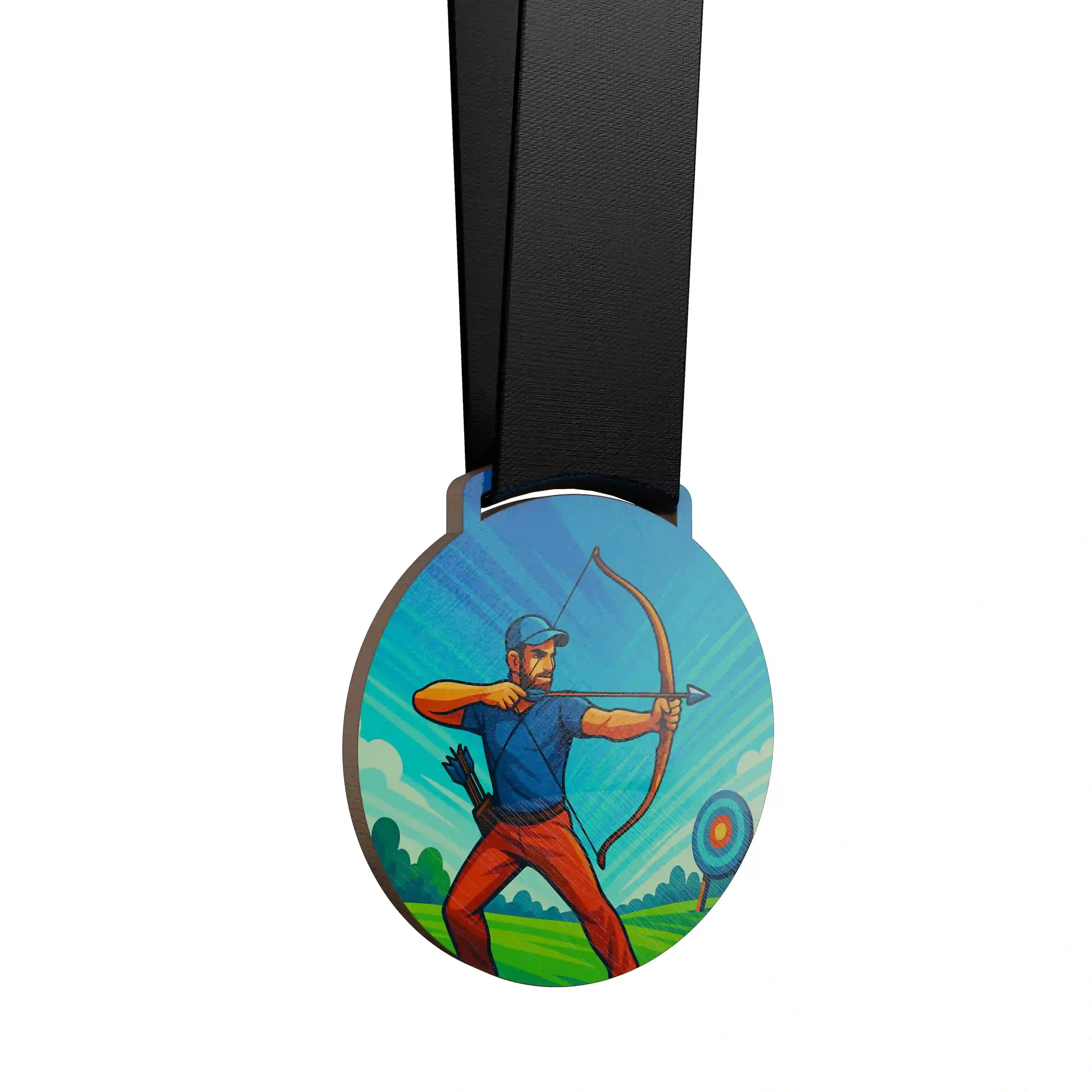 médaille en bois d'un homme qui fait du tir à l'arc