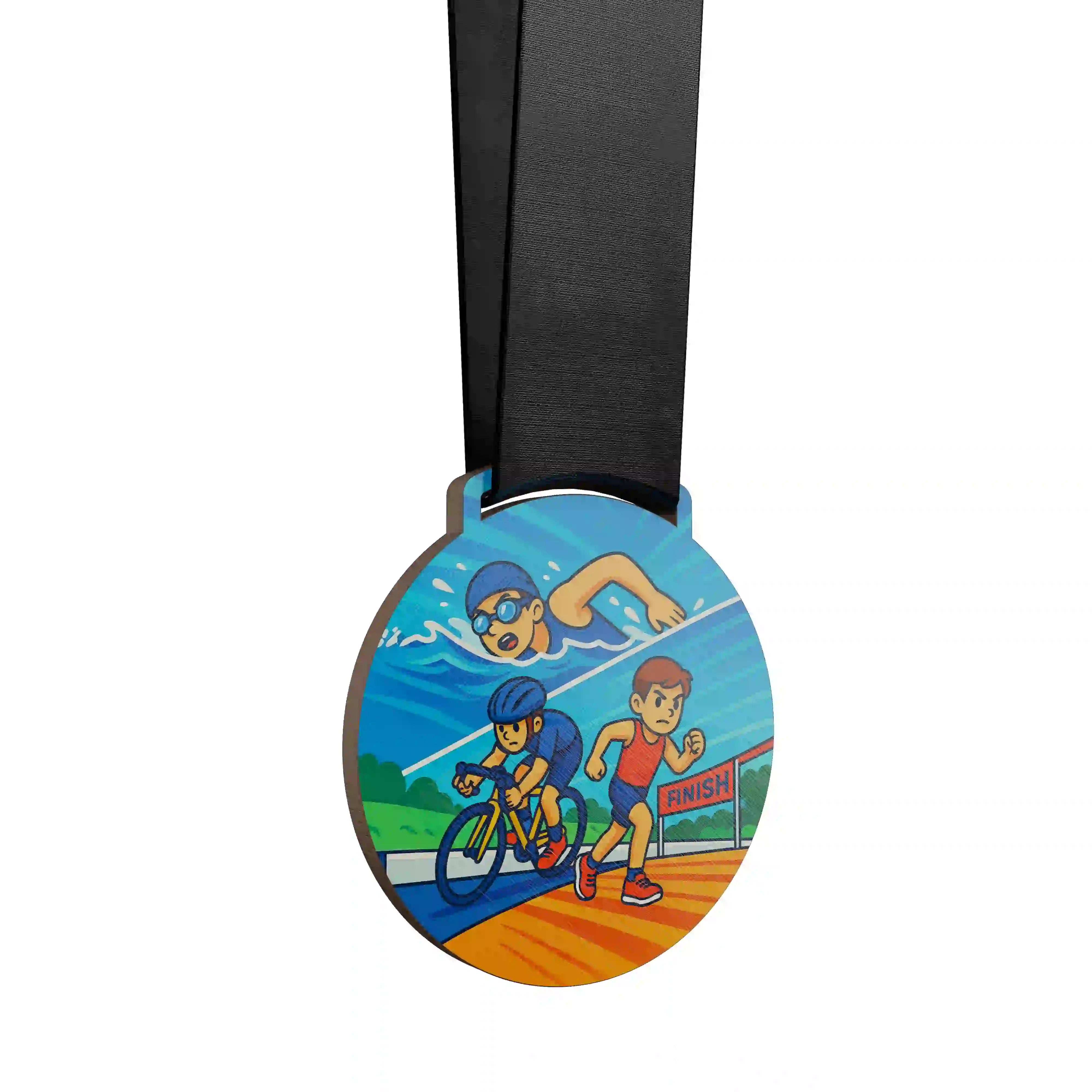 médaille en bois d'un garçon faisant du triathlon