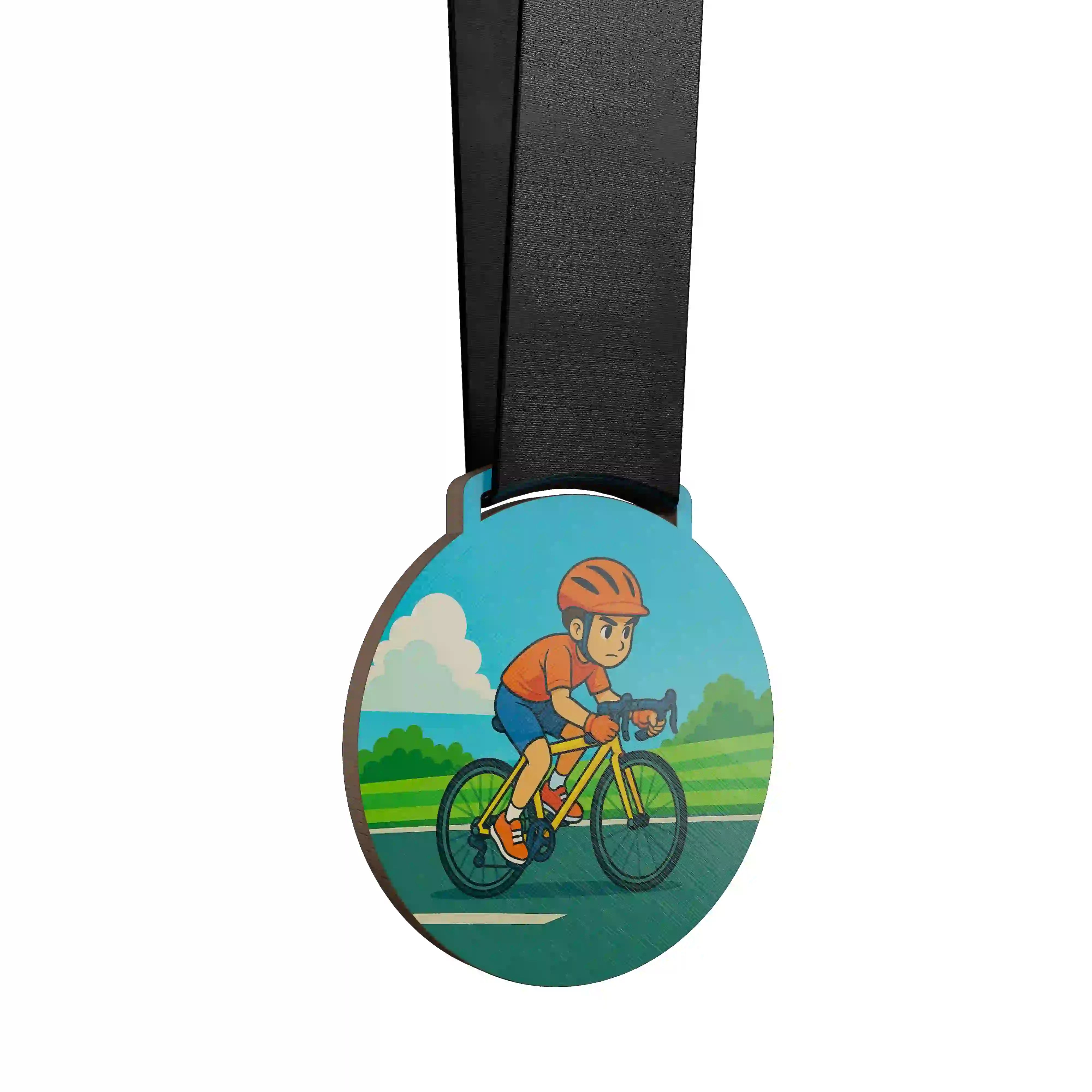 médaille en bois d'un jeune garçon faisant du vélo route