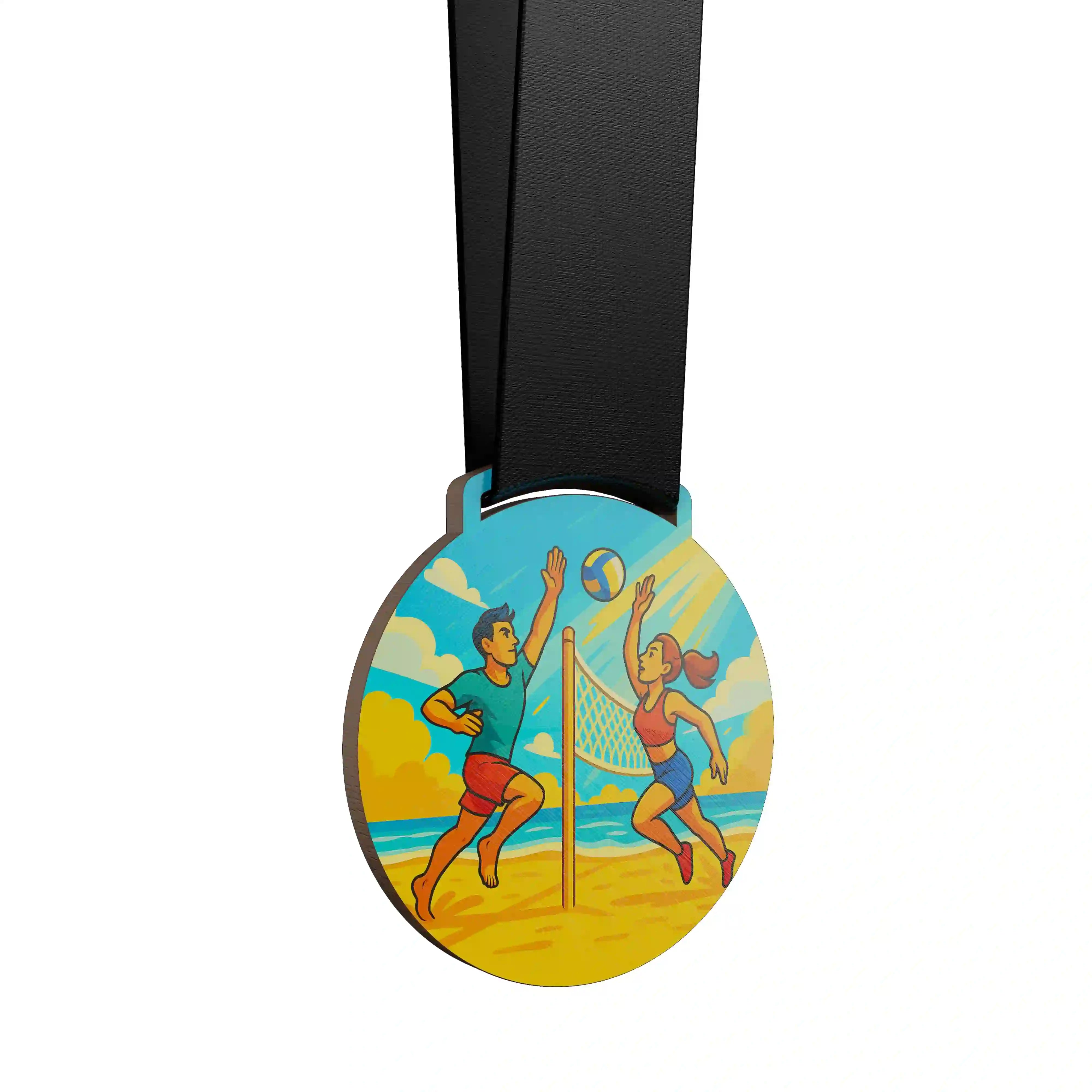 médaille en bois d'un homme et d'une femme pratiquant le volley