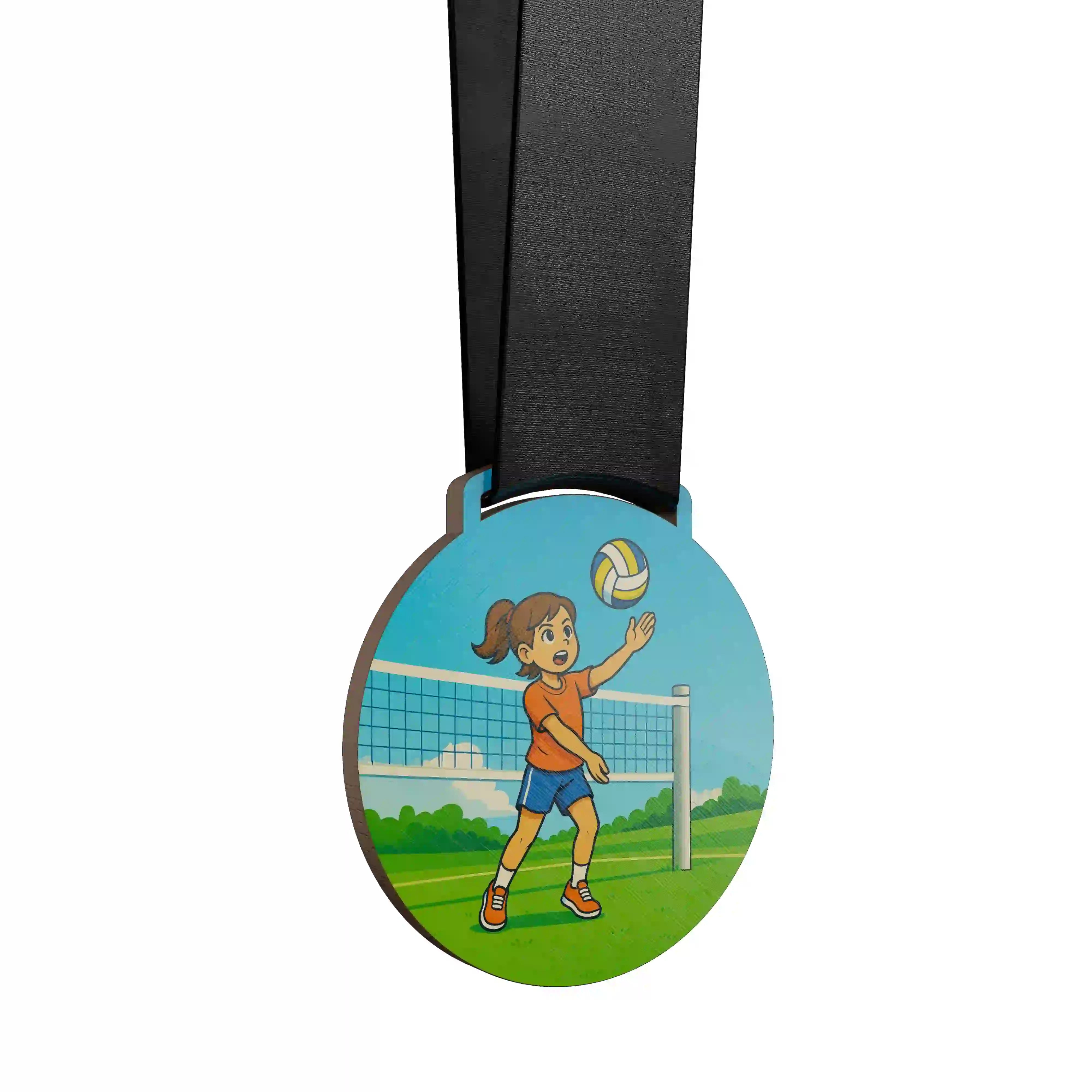 médaille en bois d'une jeune fille faisant du volley