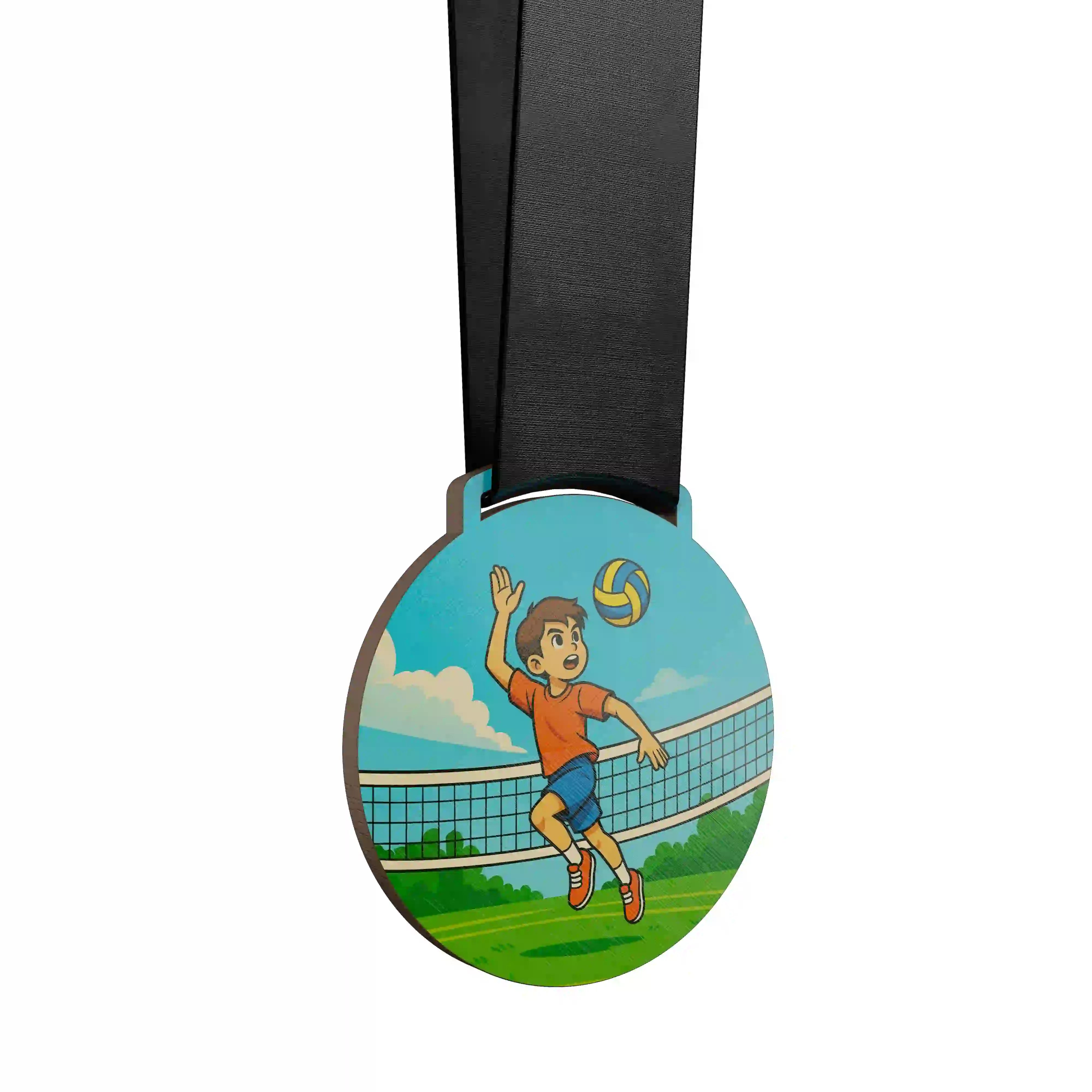 médaille en bois d'un jeune garçon faisant du volley