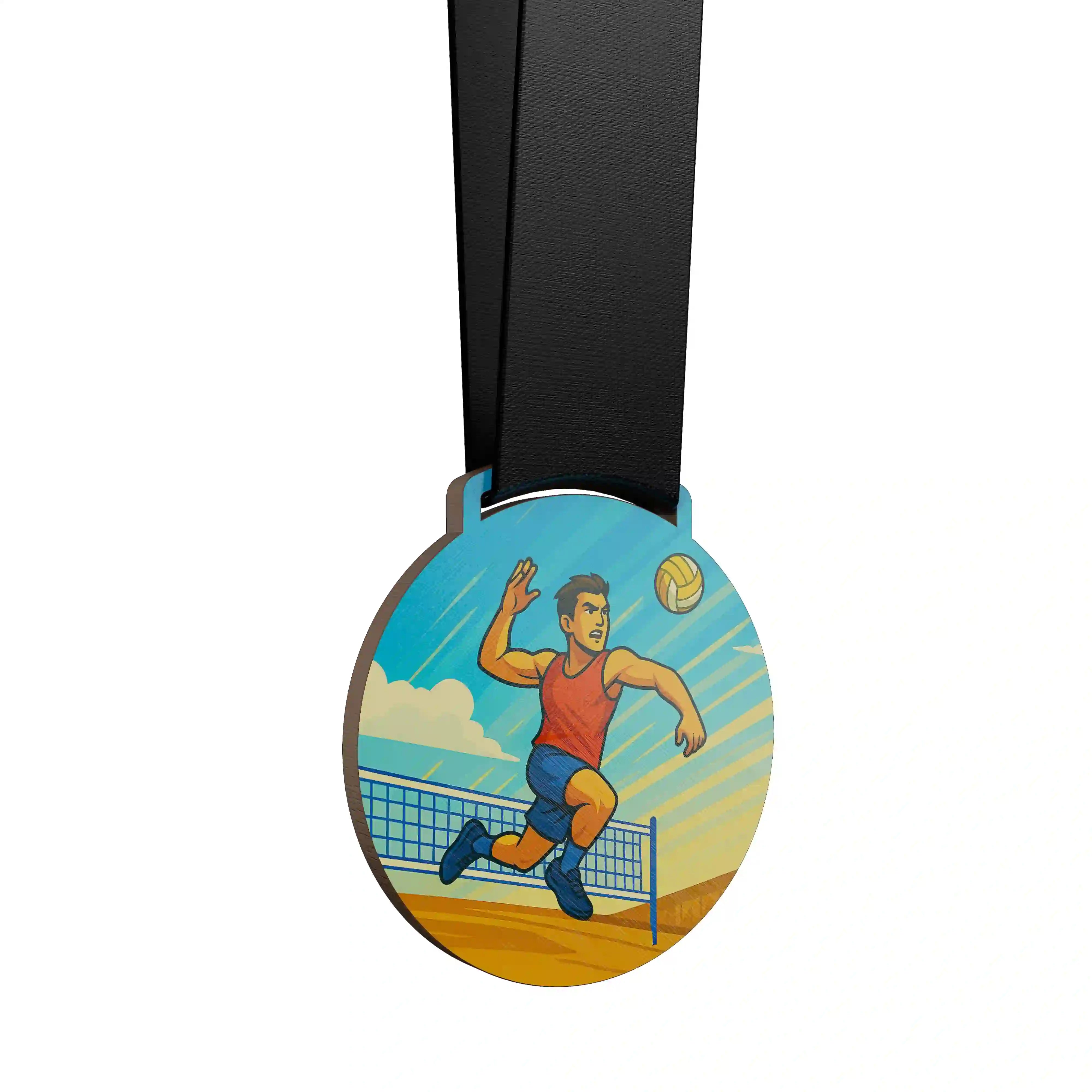 médaille en bois d'un homme faisant du volley