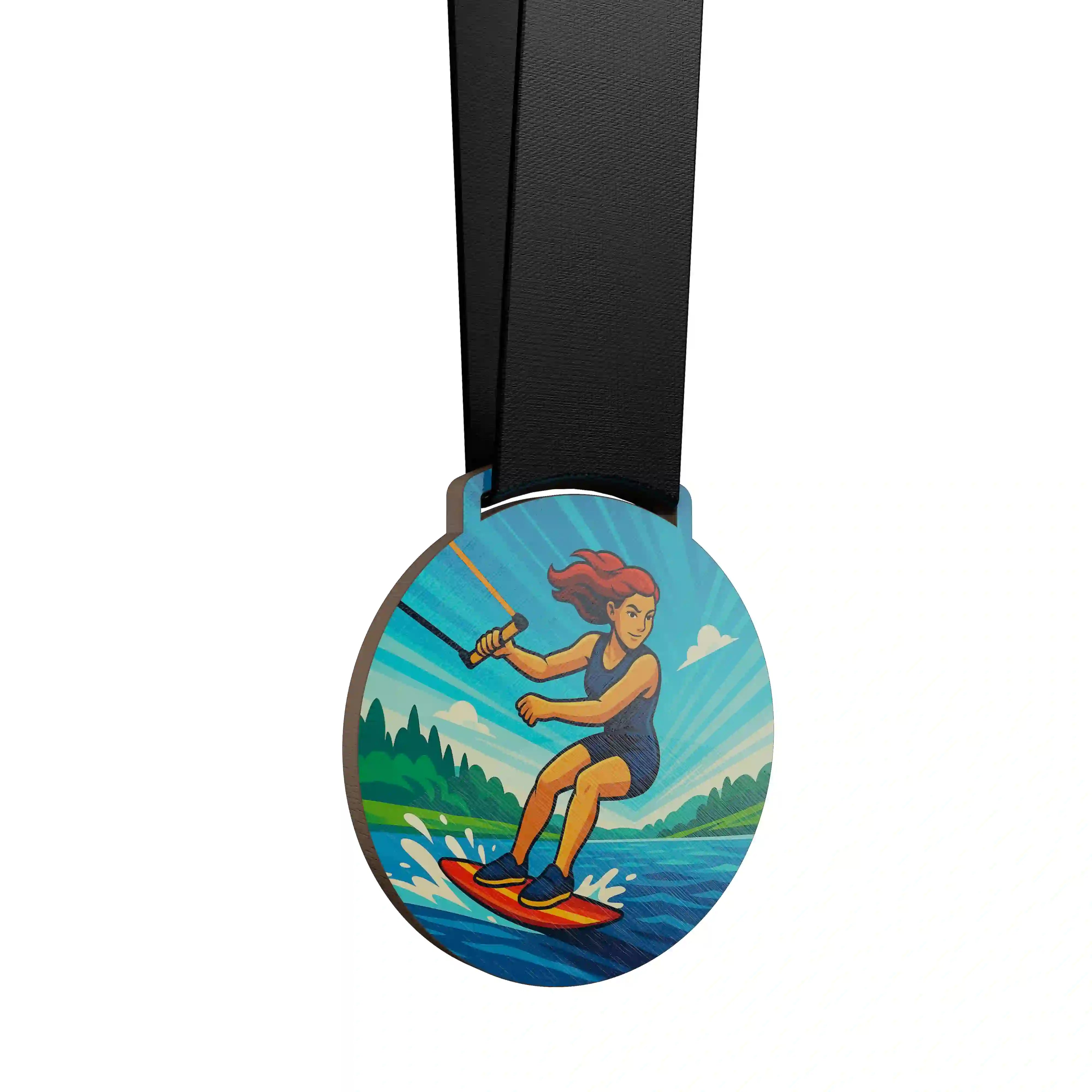 médaille en bois d'une femme pratiquant le wakeboard