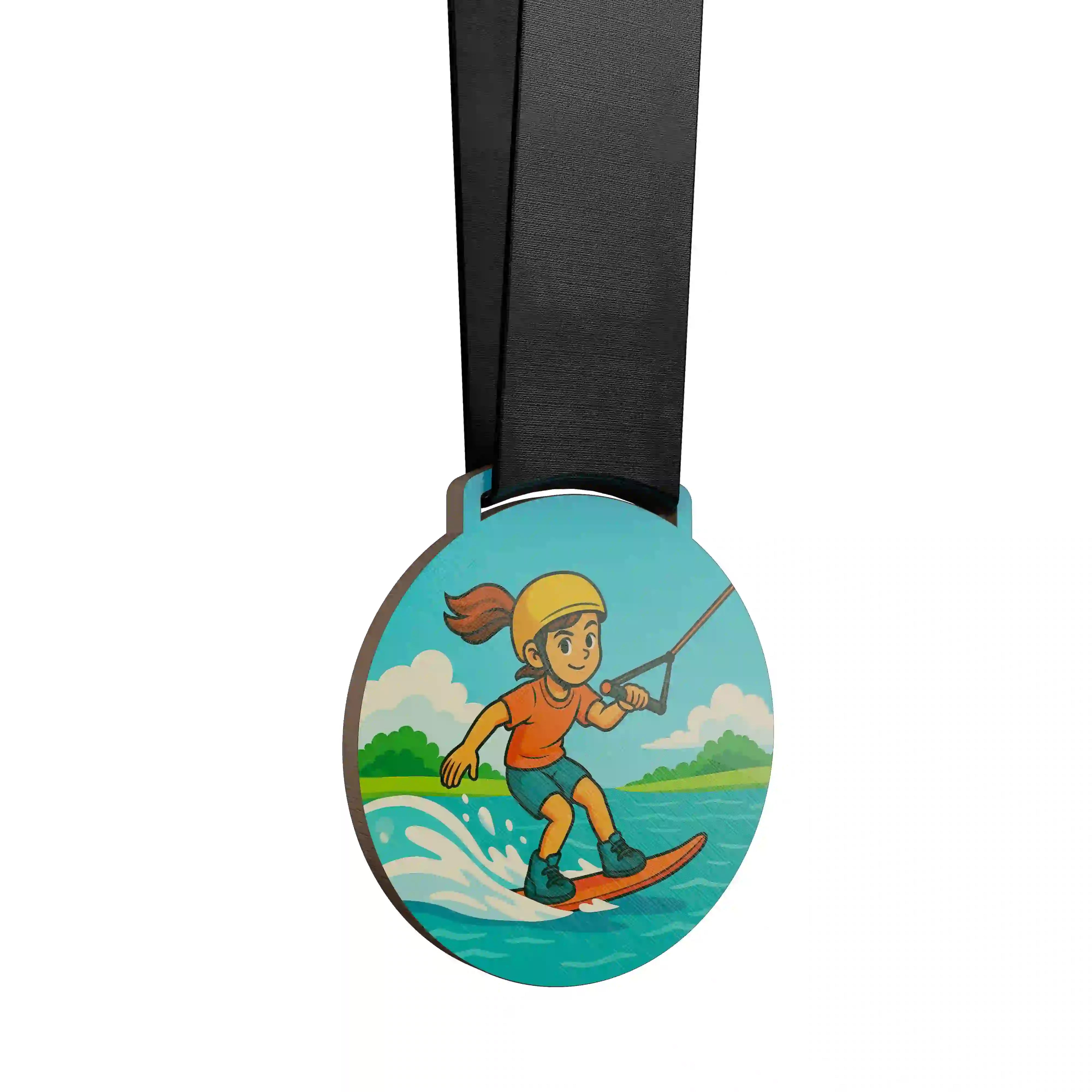 médaille en bois d'une jeune fille pratiquant le wakeboard