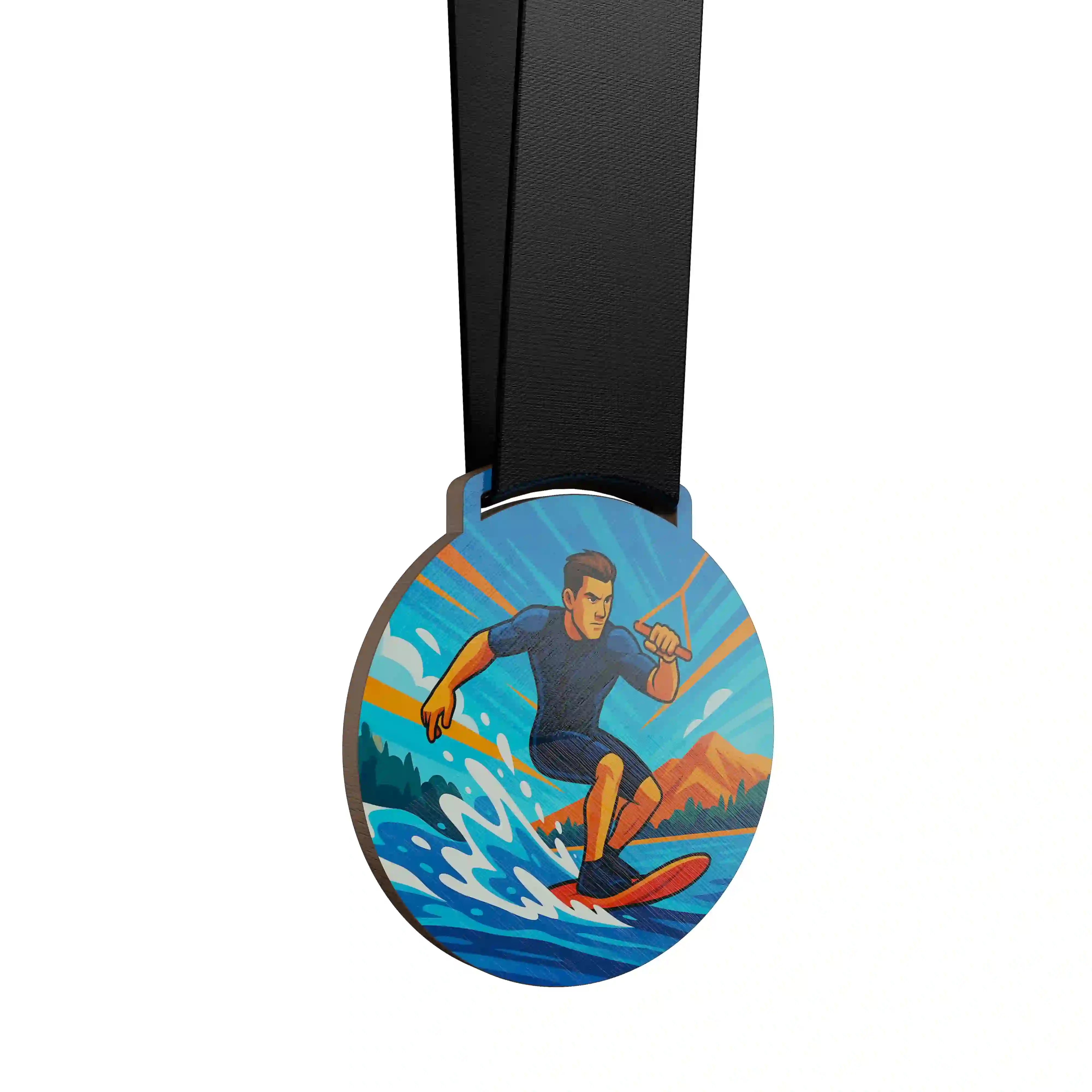 médaille en bois d'un homme faisant du wakeboard