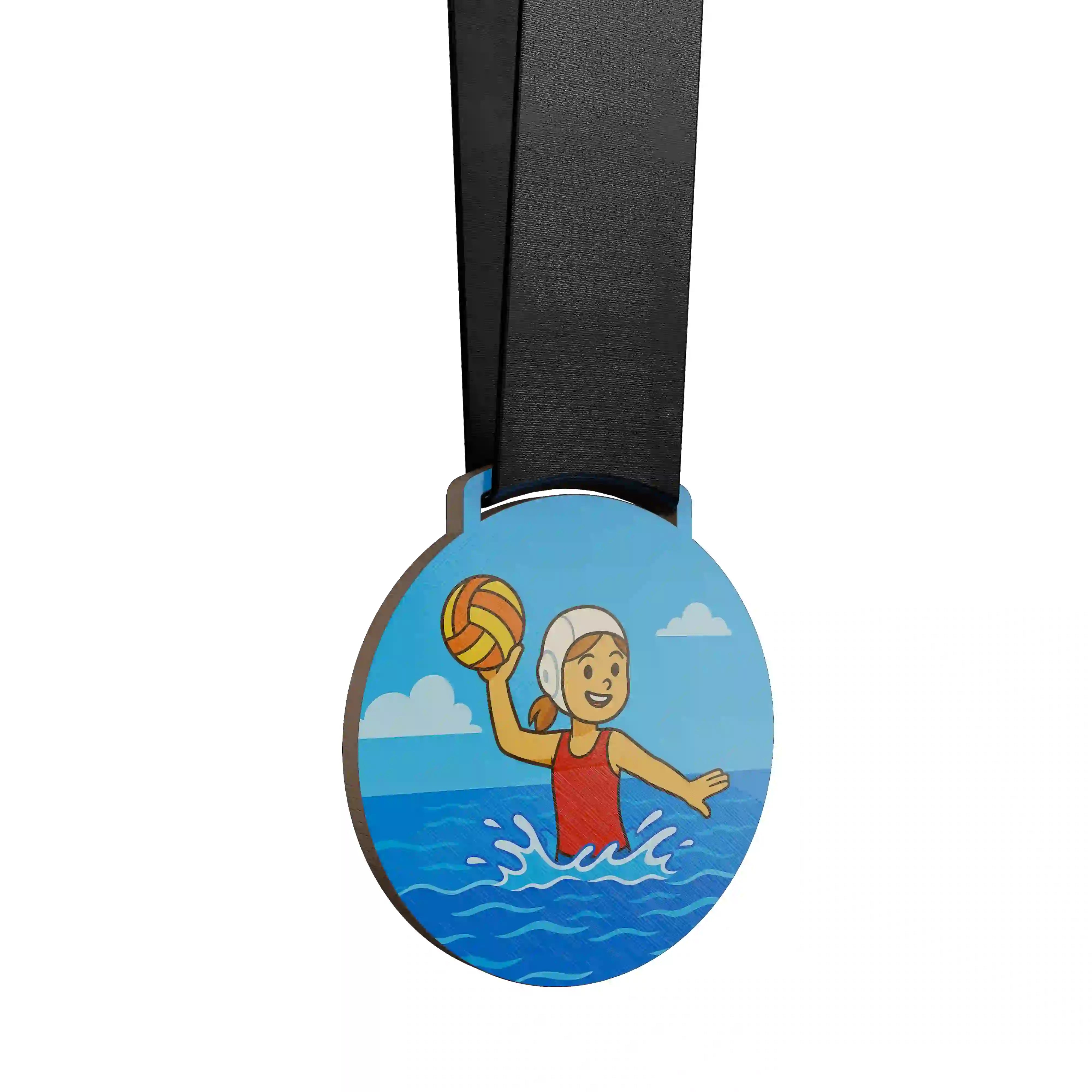 médaille en bois d'une fille faisant du water polo en tant qu'attaquante