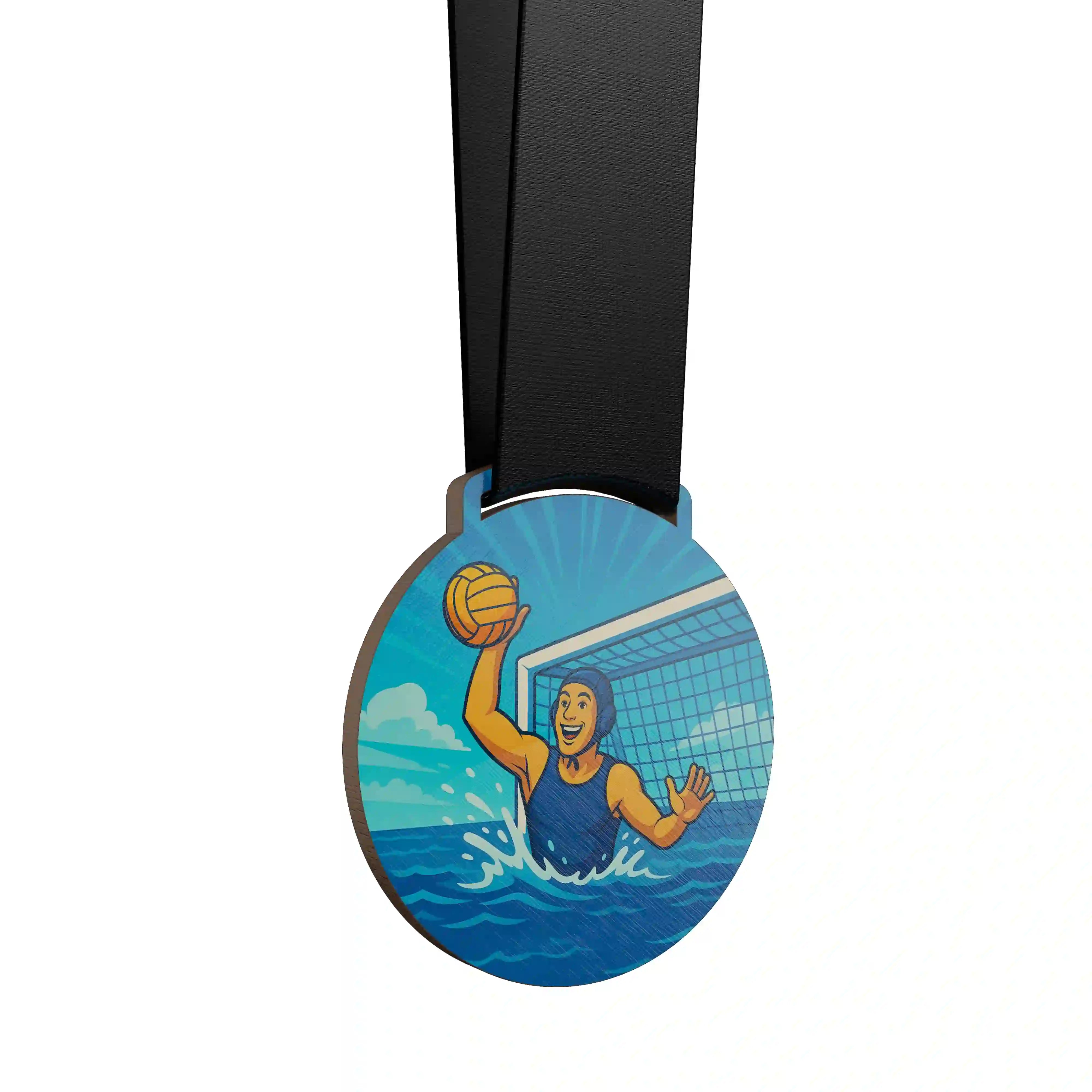 médaille en bois d'un homme faisant du water polo en tant que gardien