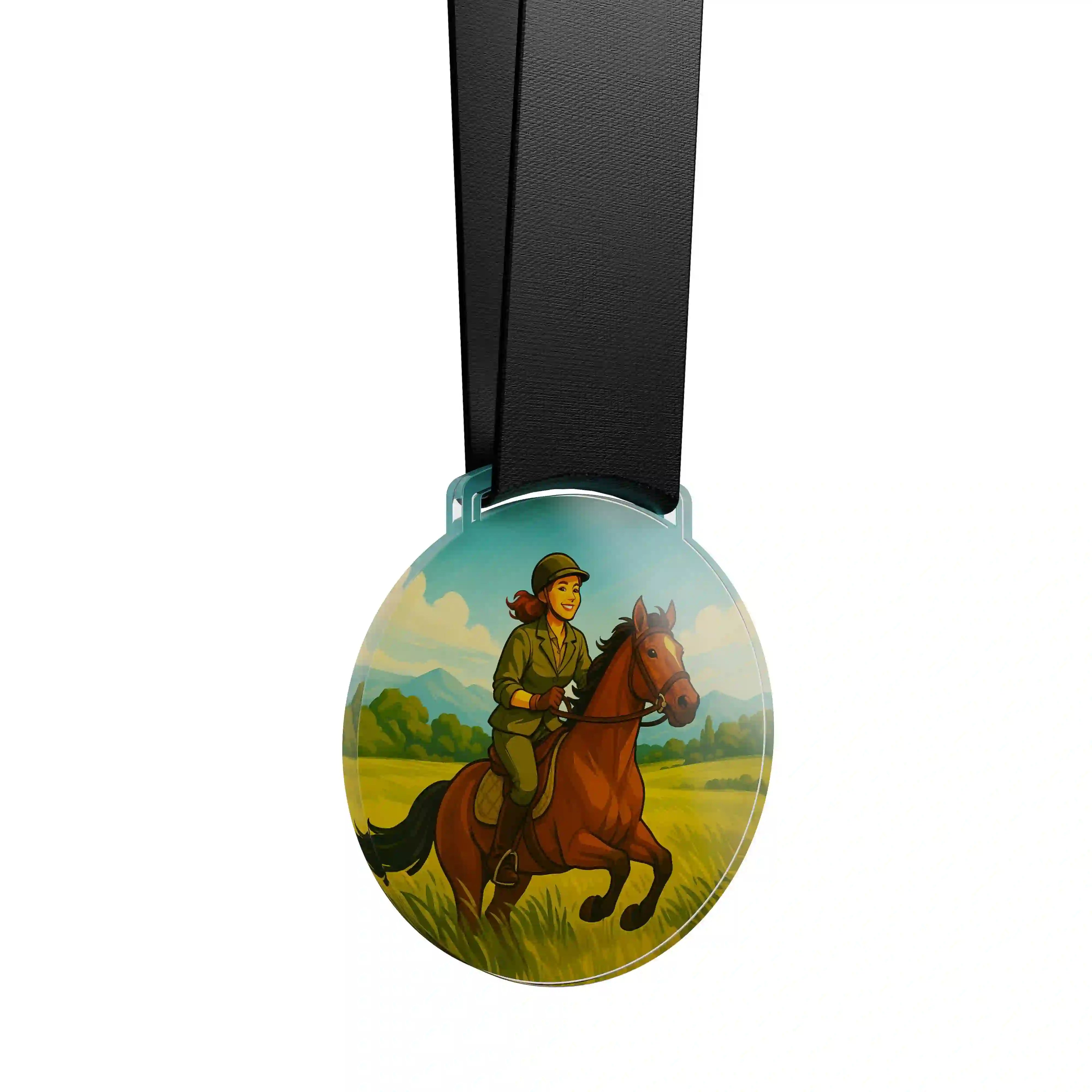 médaille acrylique d'une femme faisant de l'équitation