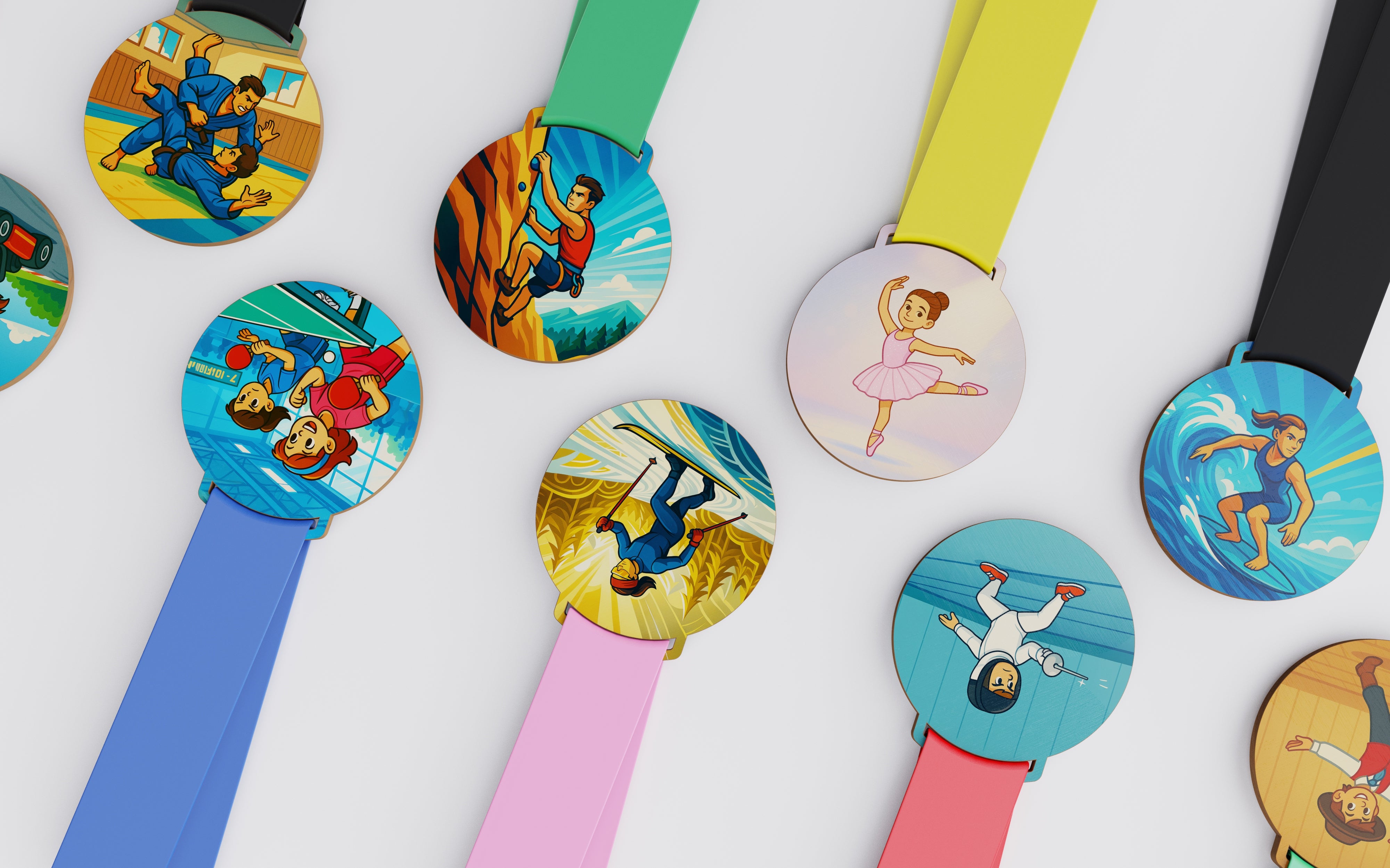 rendu 3D de plusieurs médailles représentant des sports différents