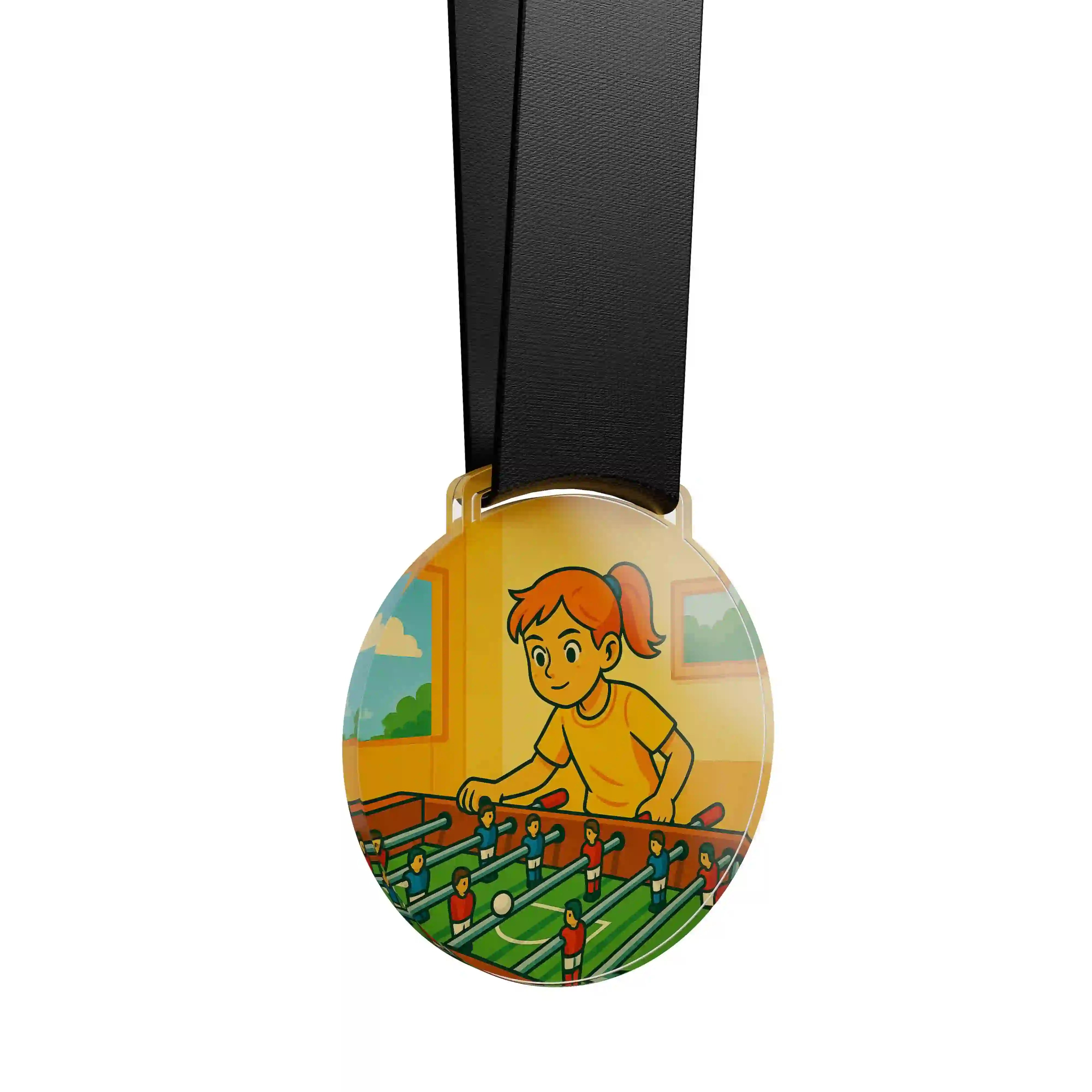 médaille acrylique d'une jeune fille faisant du babyfoot
