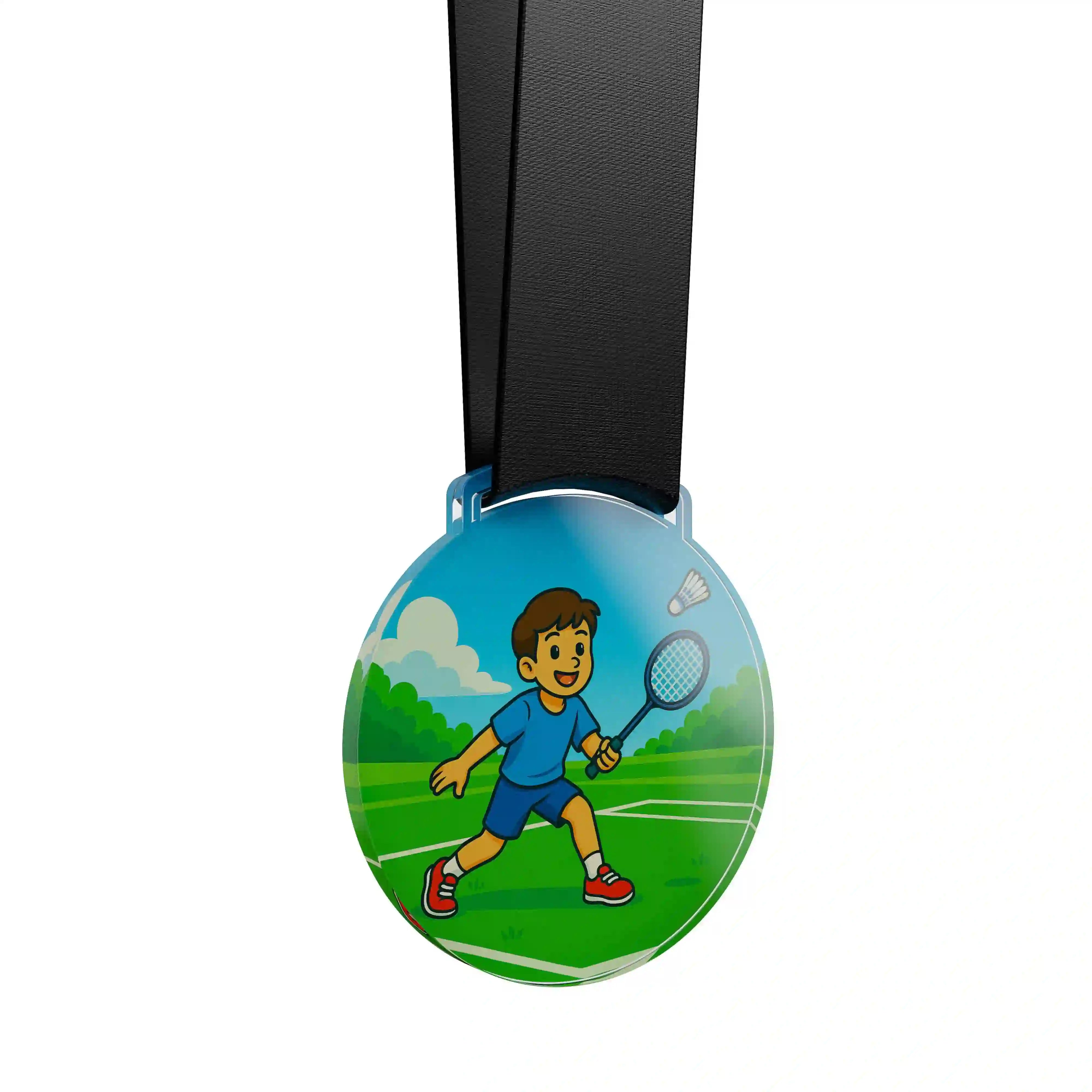 médaille en acrylique d'un jeune garçon faisant du badminton
