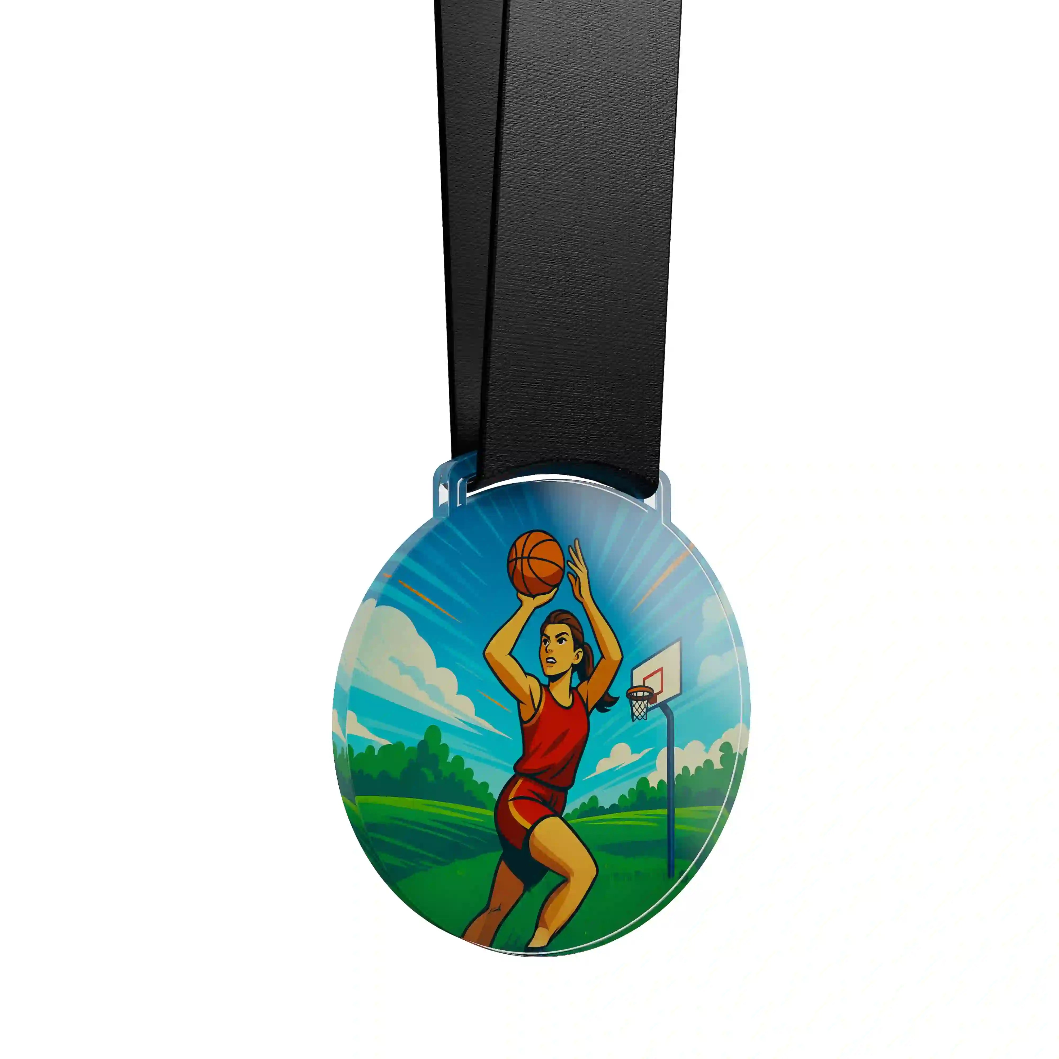 médaille en acrylique d'une femme en train de tirer un ballon de basket