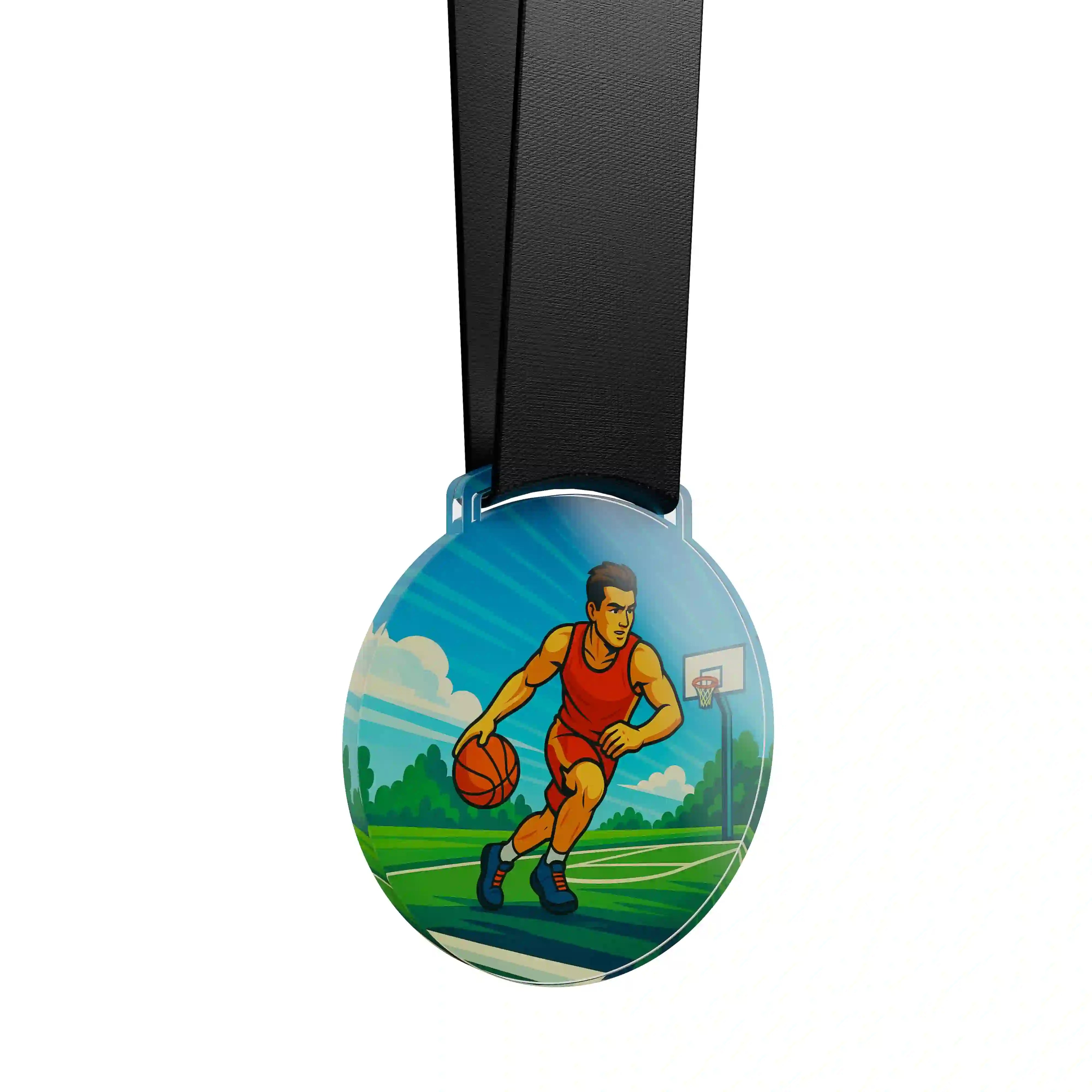 médaille en acrylique d'un homme dribblant sur un terrain de basketball