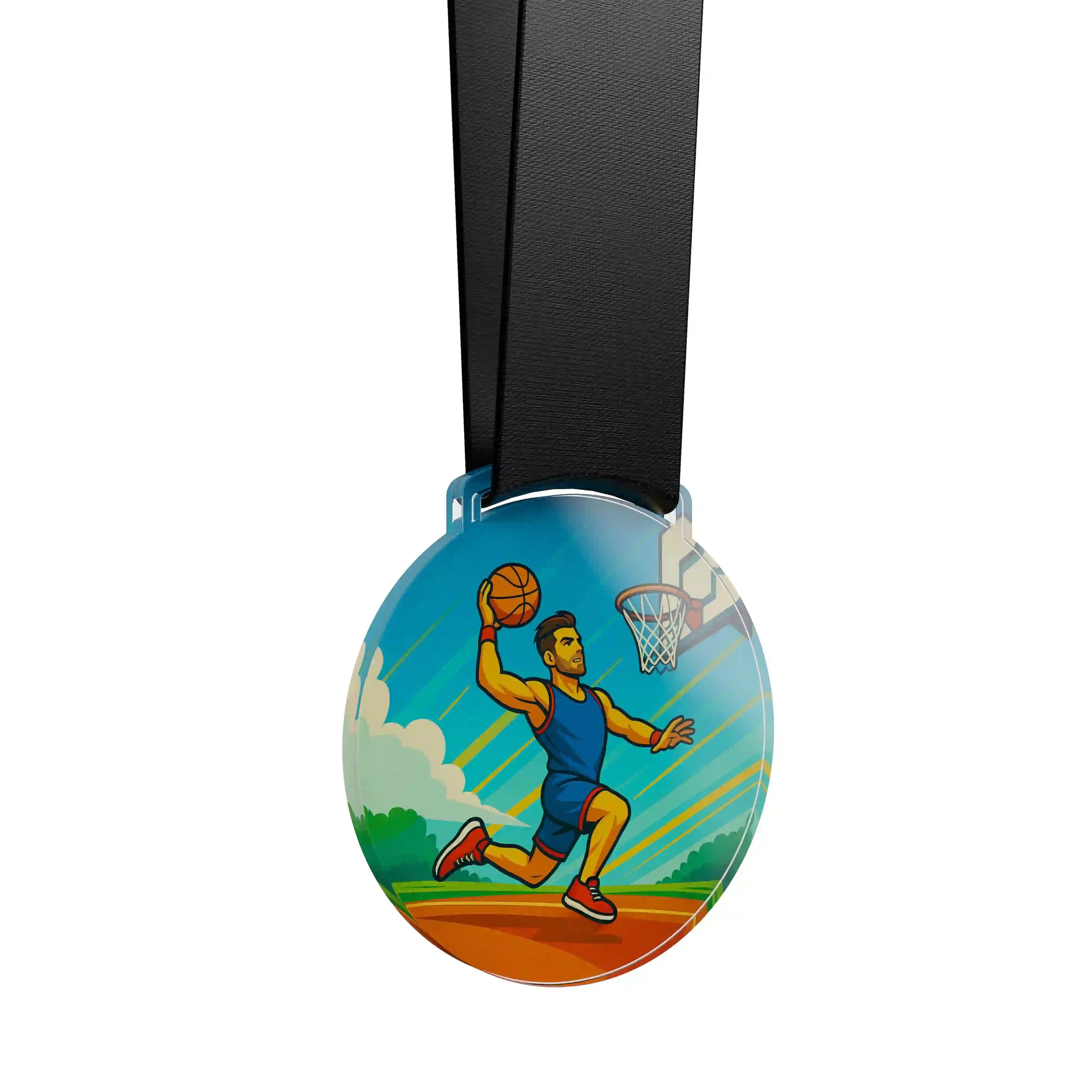 médaille en acrylique d'un homme mettant un panier au basketball