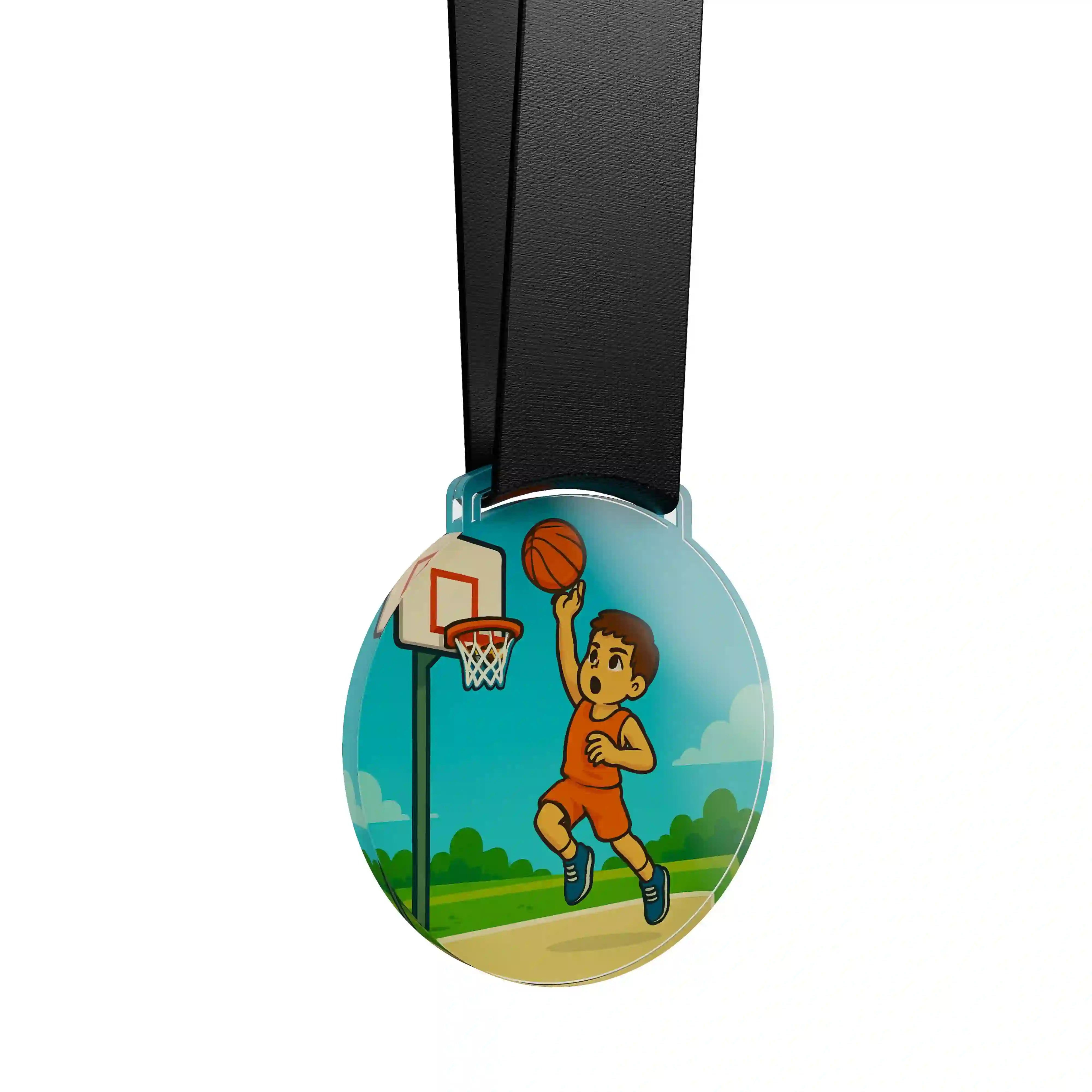 médaille acrylique d'un jeune garçon mettant un panier au basketball