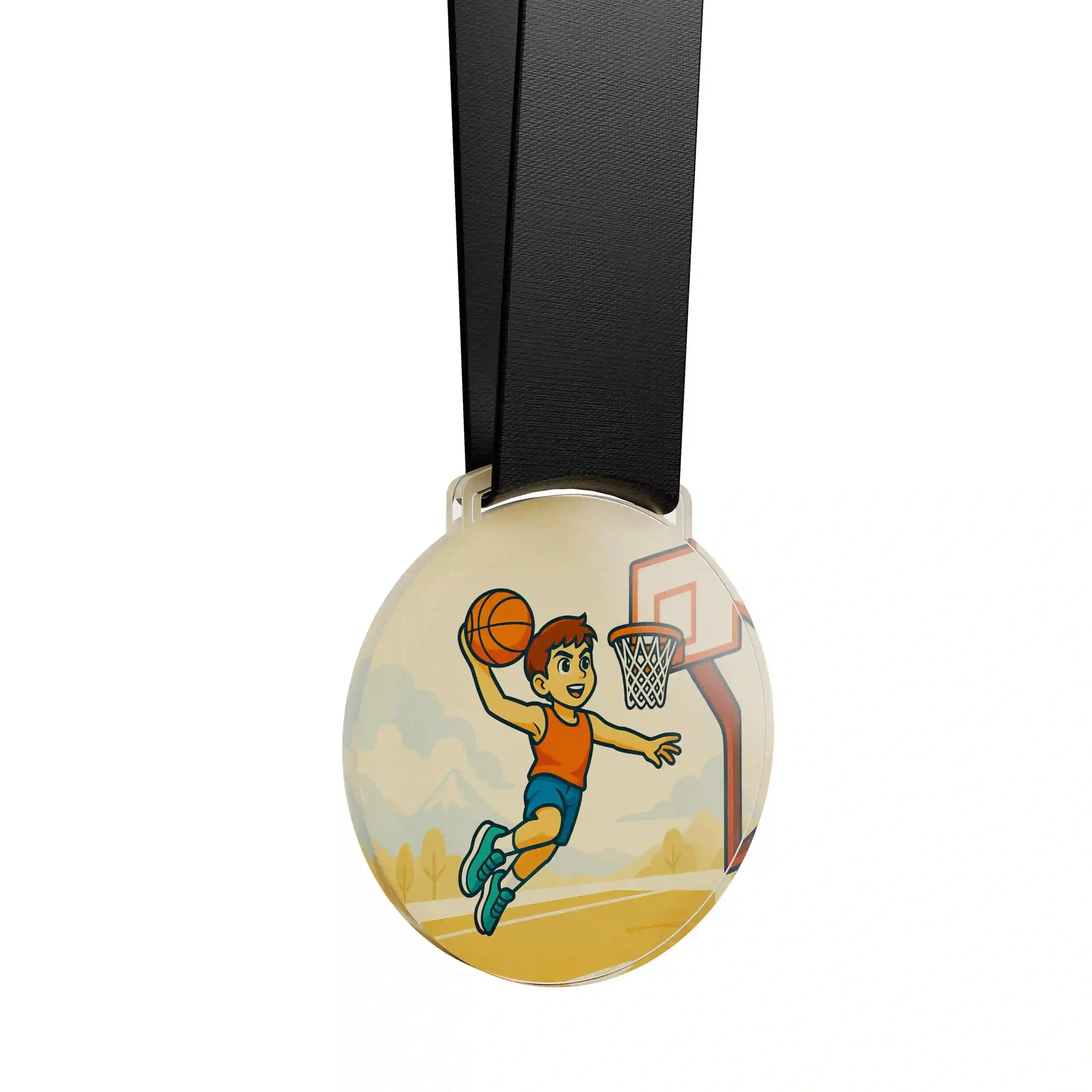 médaille acrylique d'un jeune garçon mettant un panier au basketball