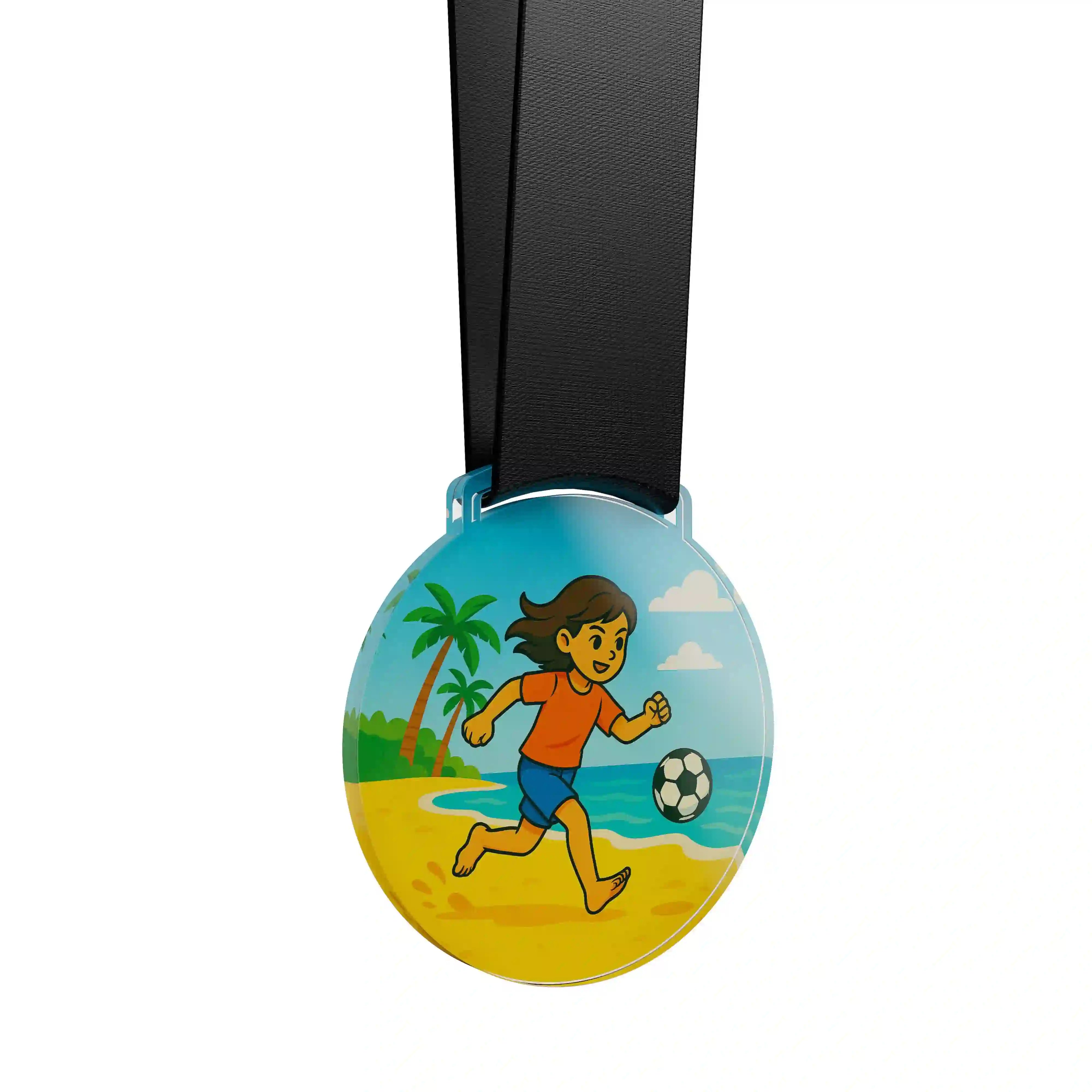 médaille en acrylique d'une jeune fille faisant du beach soccer
